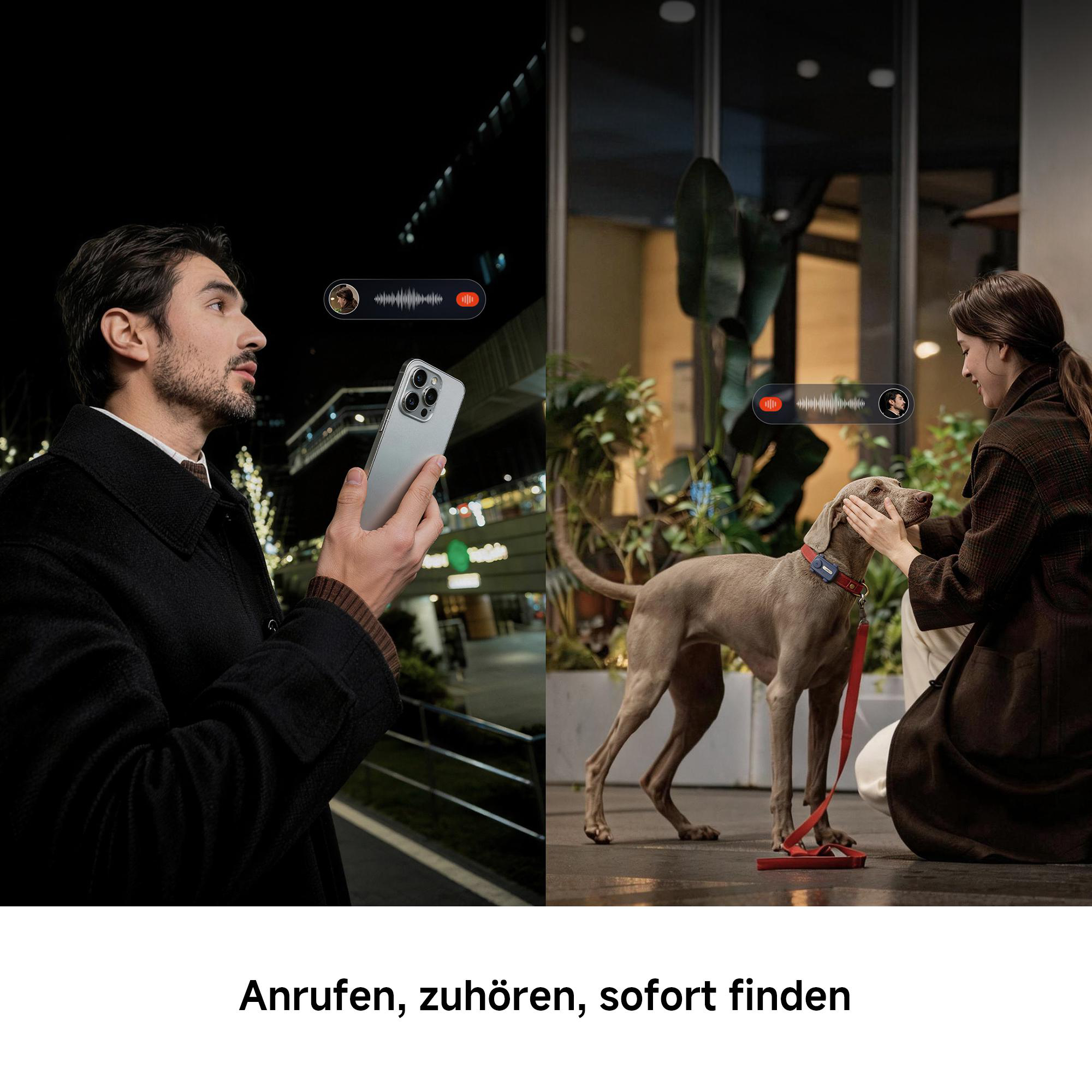 Ein Mann telefoniert nachts mit dem Handy, während eine Frau ihren Hund im Freien streichelt.