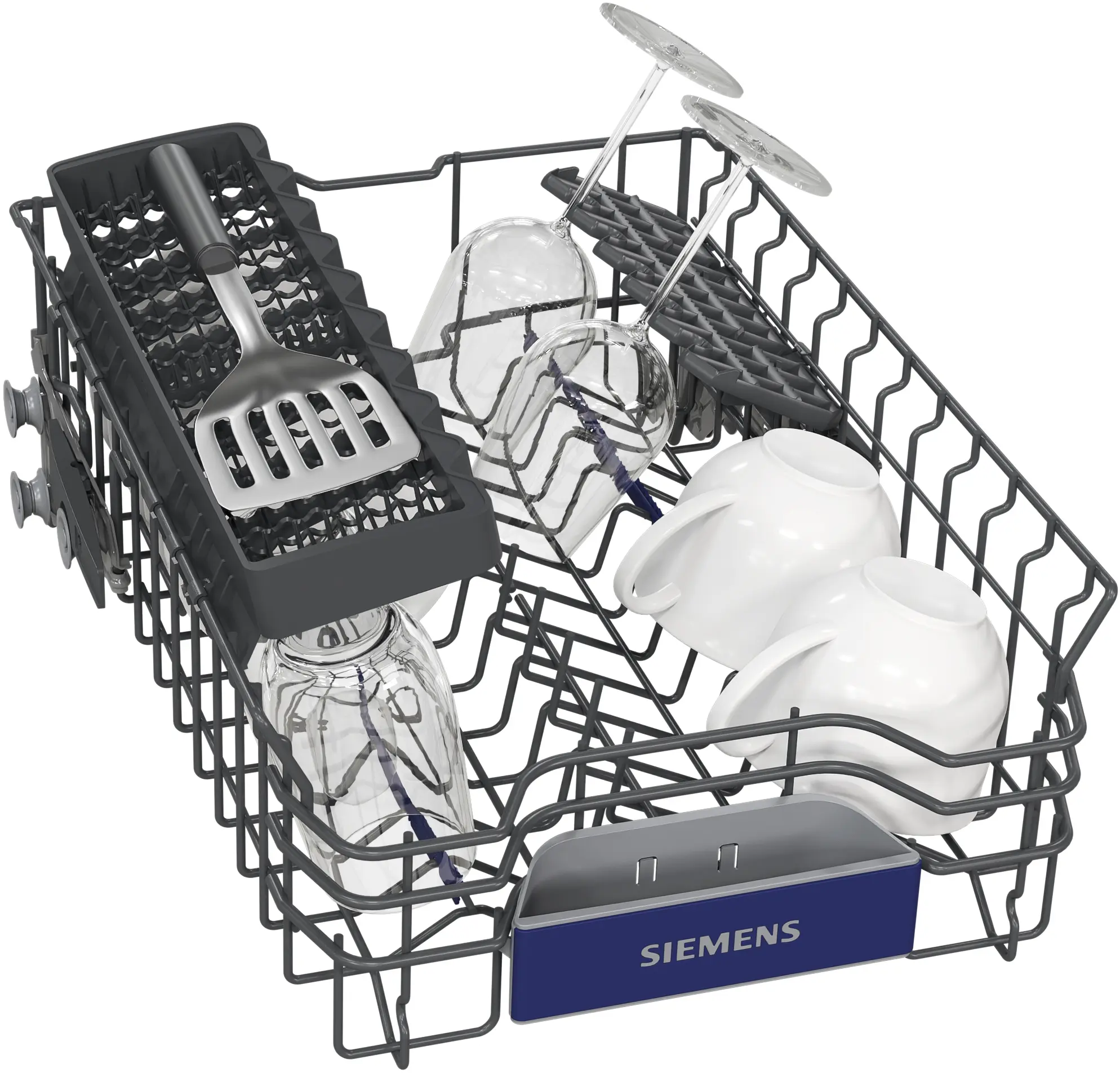 Cesta de lavavajillas Siemens abierta con copas de vino, tazas, un tarro de cristal y una espátula.