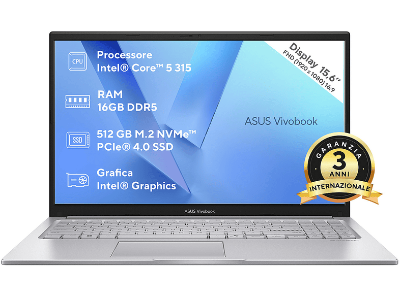ASUS Vivobook 15 F1504 NOTEBOOK, 15,6 ", processore Intel® Core 5 315 , Intel®, RAM 16 GB, 512 GB SSD, Silver, Windows 11 Home