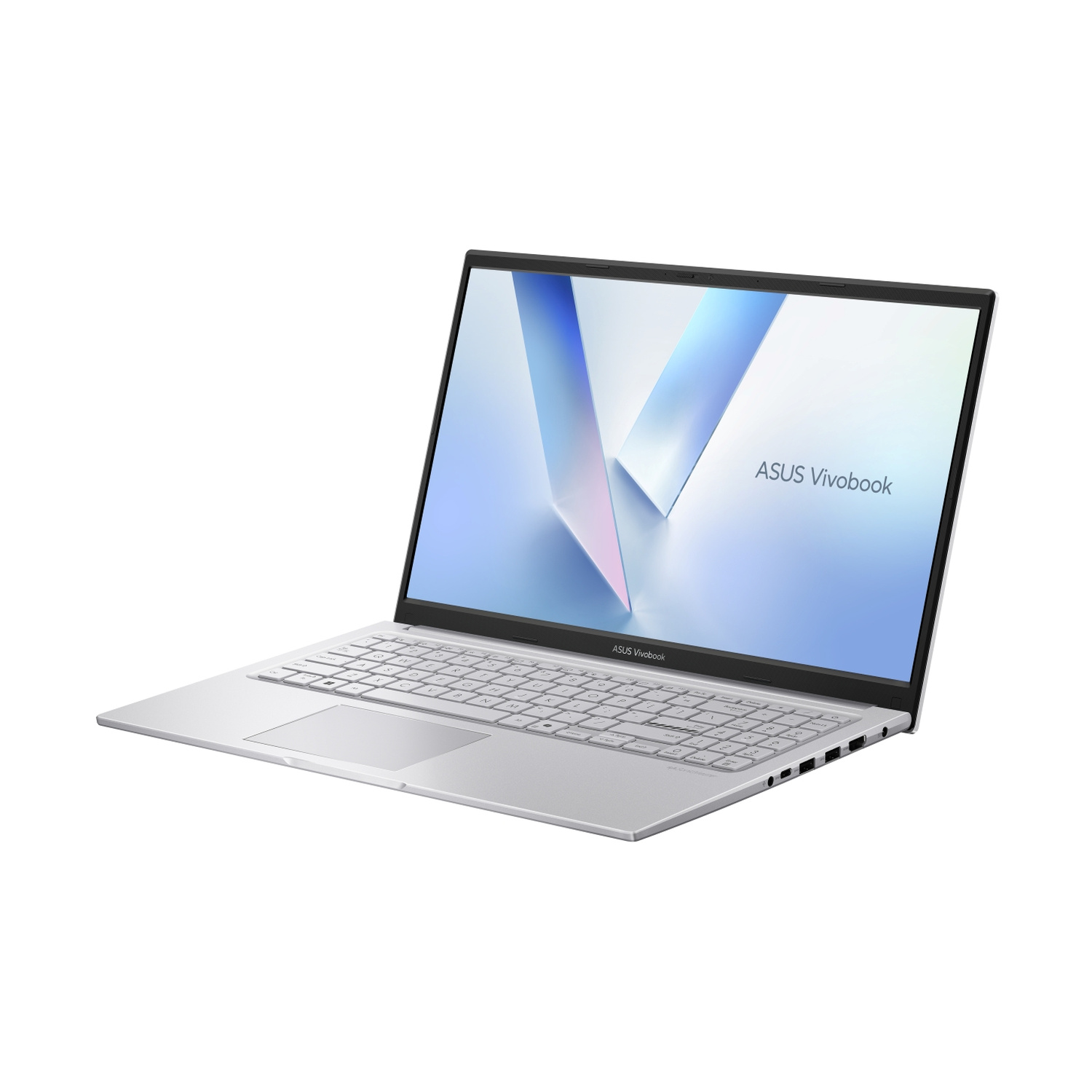 Un laptop ASUS Vivobook argentato aperto su sfondo bianco, con un motivo astratto luminoso sullo schermo.