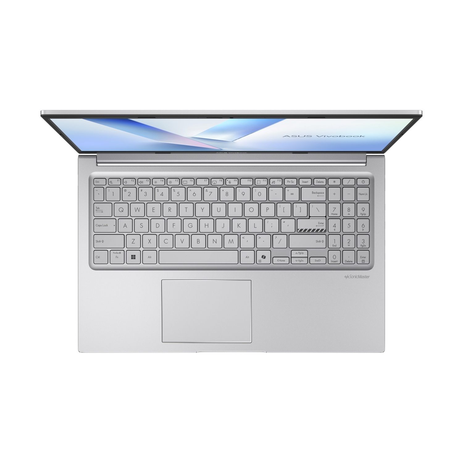 Laptop Asus Vivobook argento visto dall'alto con schermo aperto e tastiera retroilluminata.