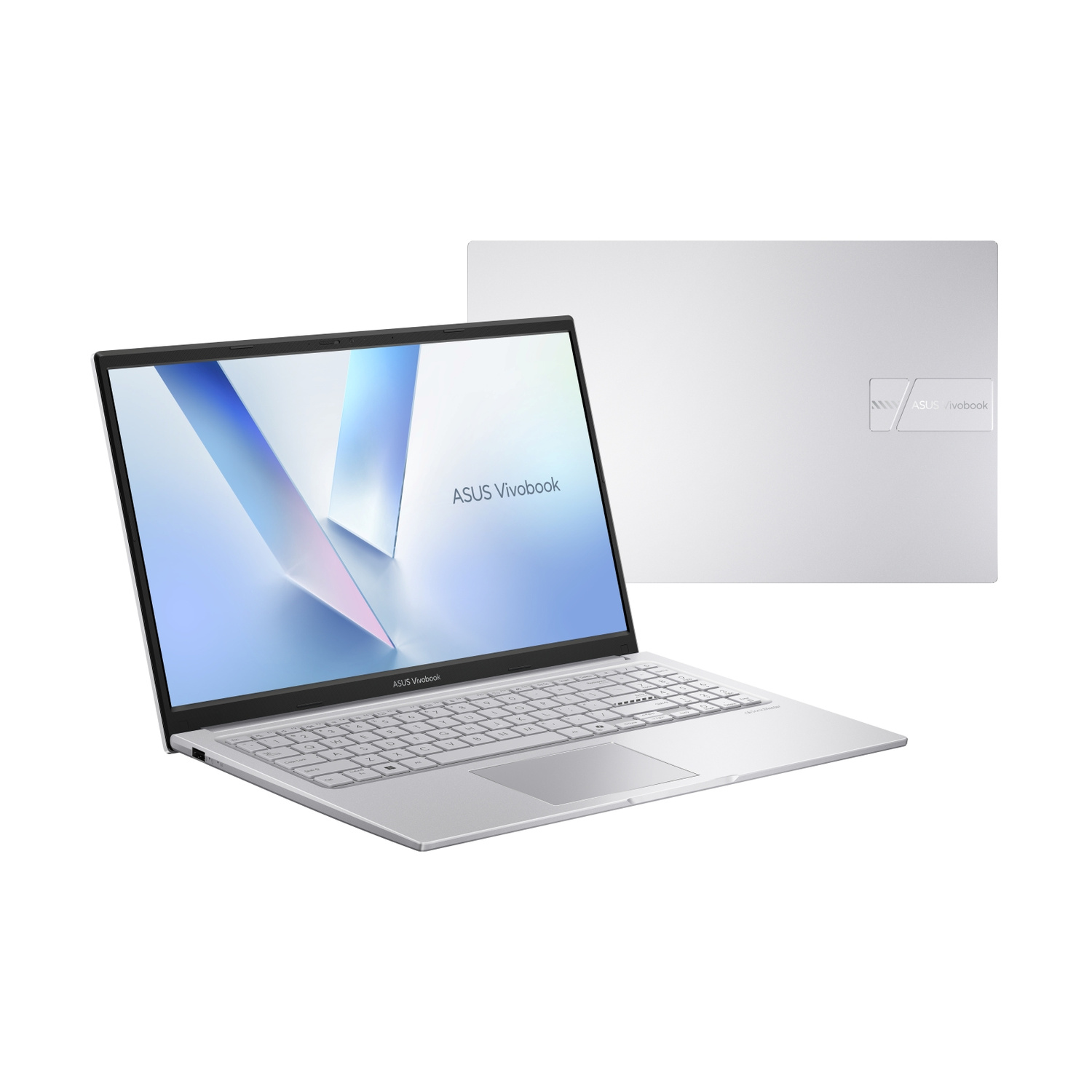 Laptop ASUS Vivobook argentato aperto su sfondo bianco, con una vista del coperchio chiuso posizionato dietro.