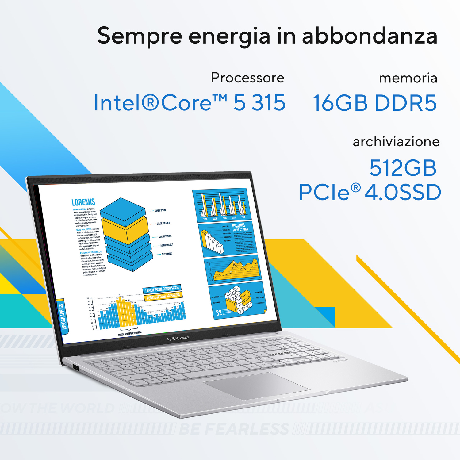 ASUS Vivobook con infografiche, Intel Core i5 e 16 GB di RAM su sfondo giallo e blu.