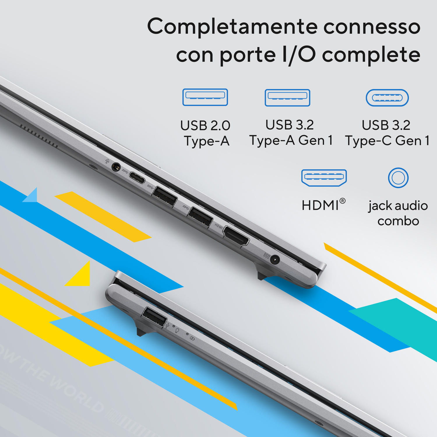 Porte per laptop tra cui USB, HDMI e jack audio combinato.