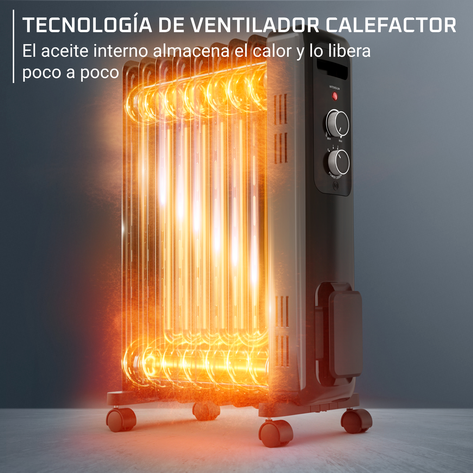 Un radiador de aceite negro con elementos calefactores brillantes en naranja sobre ruedas, fondo gris.