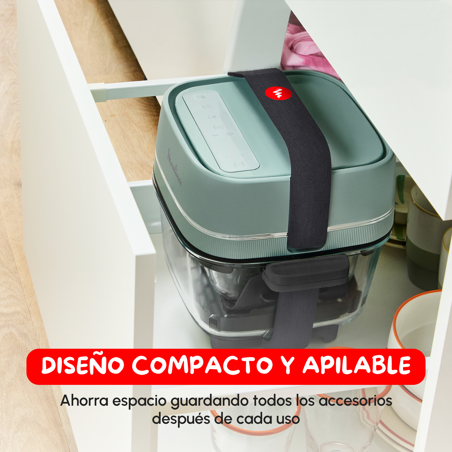 Diseño compacto y apilable.