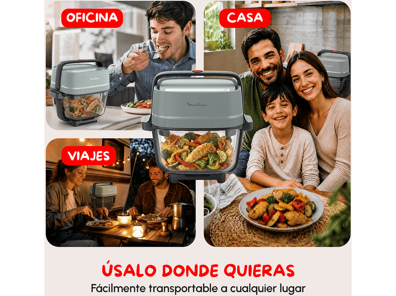 Freidora de aire - Moulinex Crisp & Go, Apilable y portátil, 2 cestas, 1.4L, 3.8L, 4 modos cocción, 1700 W, Ajuste manual temperatura, Verde
