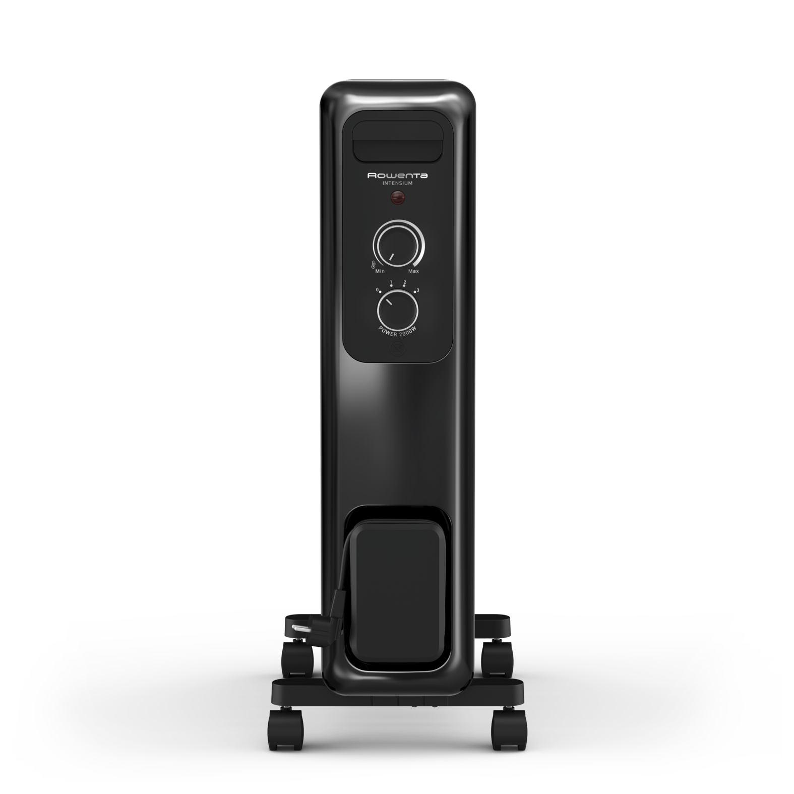 Radiador eléctrico de aceite Rowenta negro con ruedas, diales de control y cable de alimentación sobre fondo blanco.