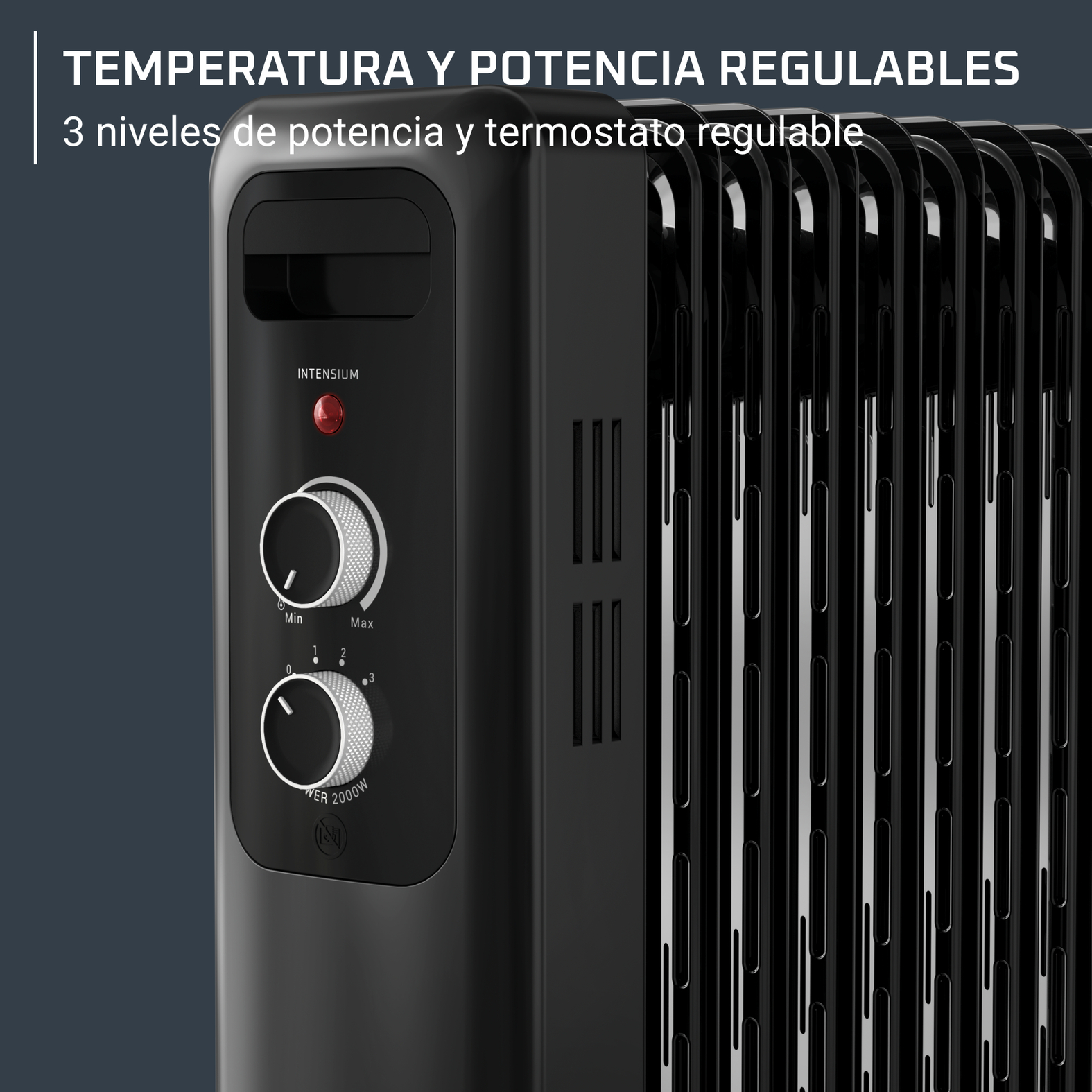 Un radiador de aceite negro con dos mandos de control y texto arriba.