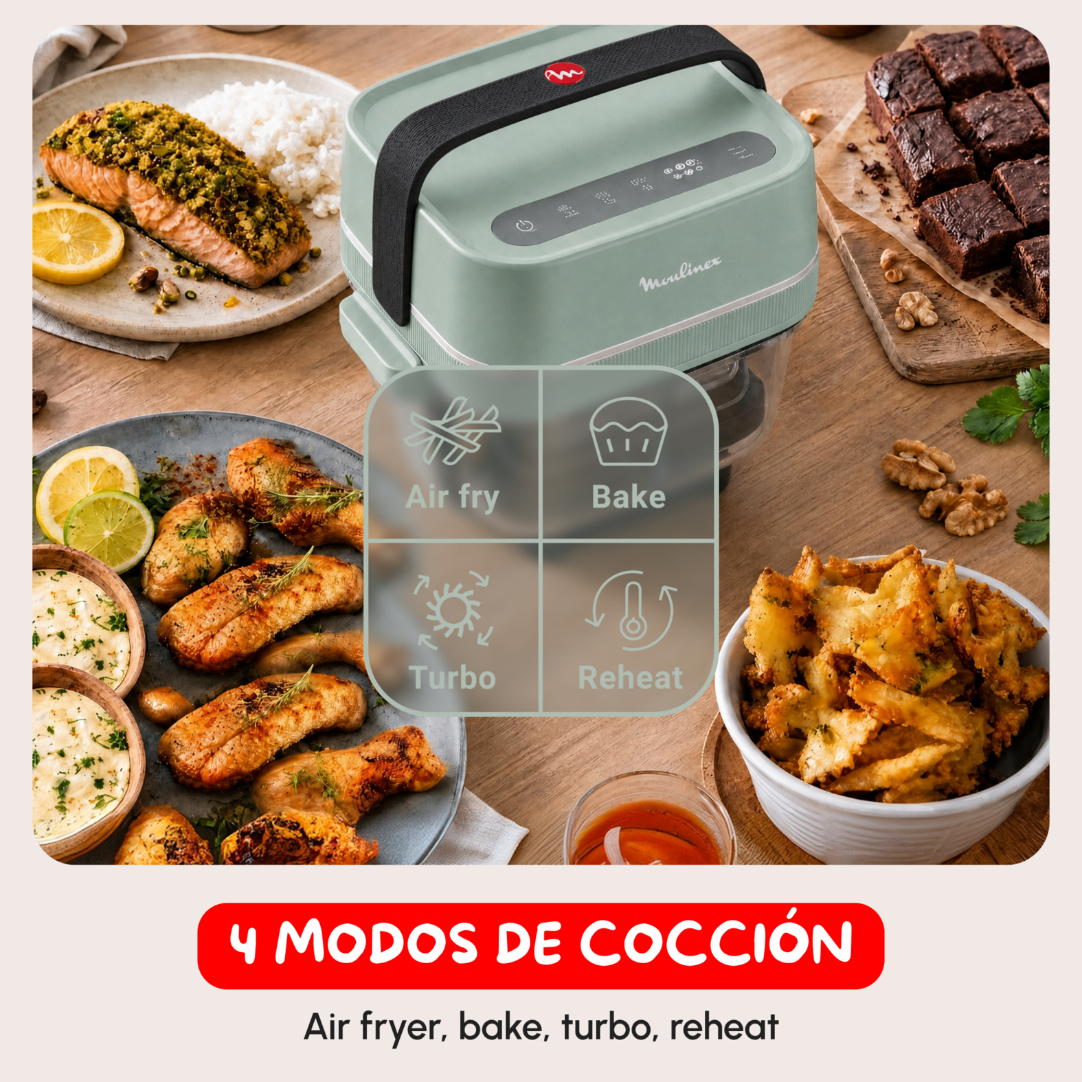 Freidora de aire verde con cuatro modos de cocción, rodeada de pollo, salmón, patatas y brownies.