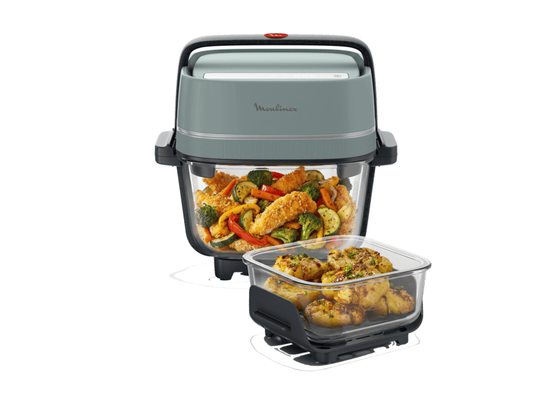 Freidora de aire - Moulinex Crisp & Go, Apilable y portátil, 2 cestas, 1.4L, 3.8L, 4 modos cocción, 1700 W, Ajuste manual temperatura, Verde
