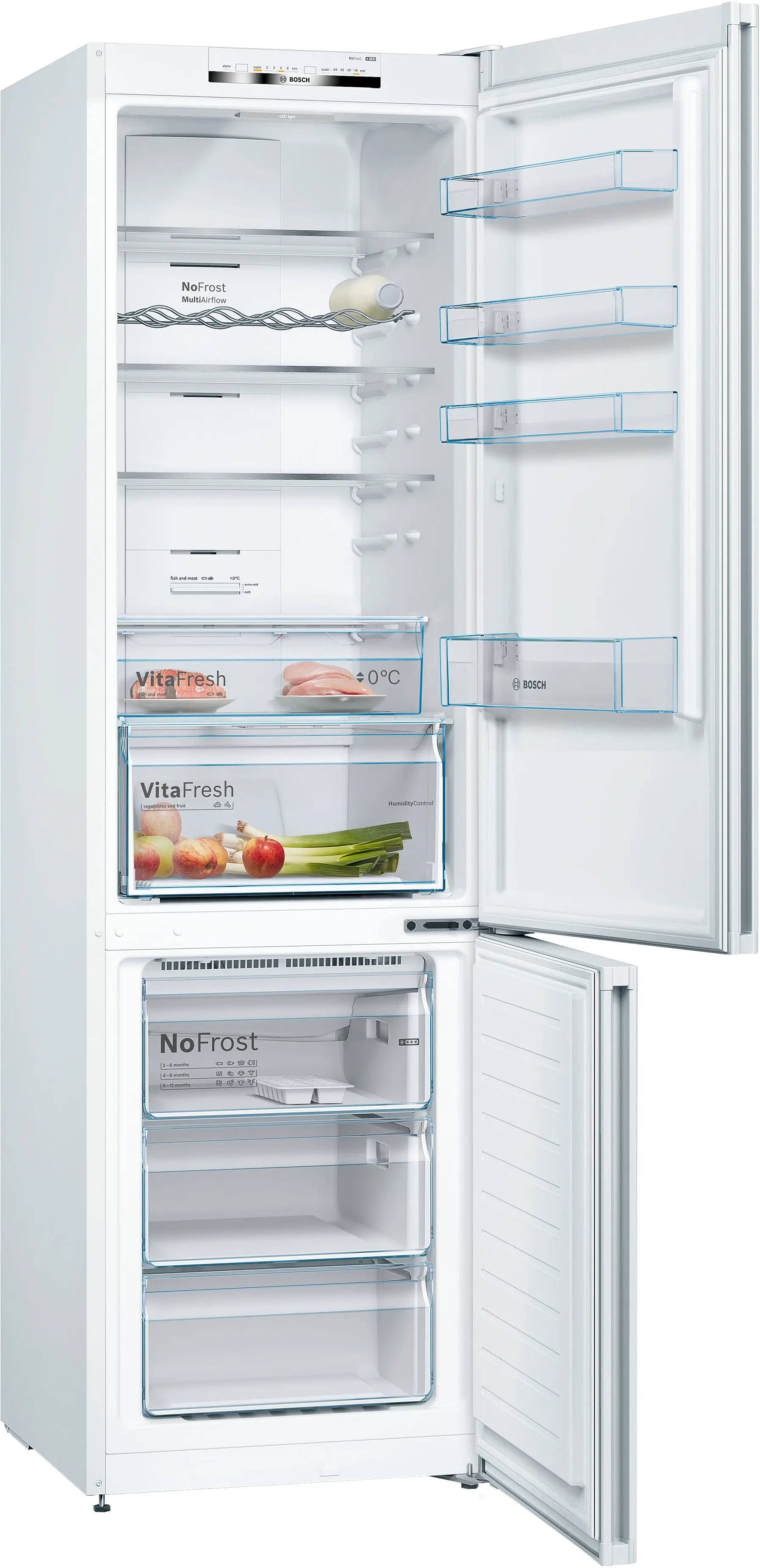 Frigorífico Bosch blanco abierto con estantes de cristal, cajón verdulero con manzanas y puerros, y congelador.