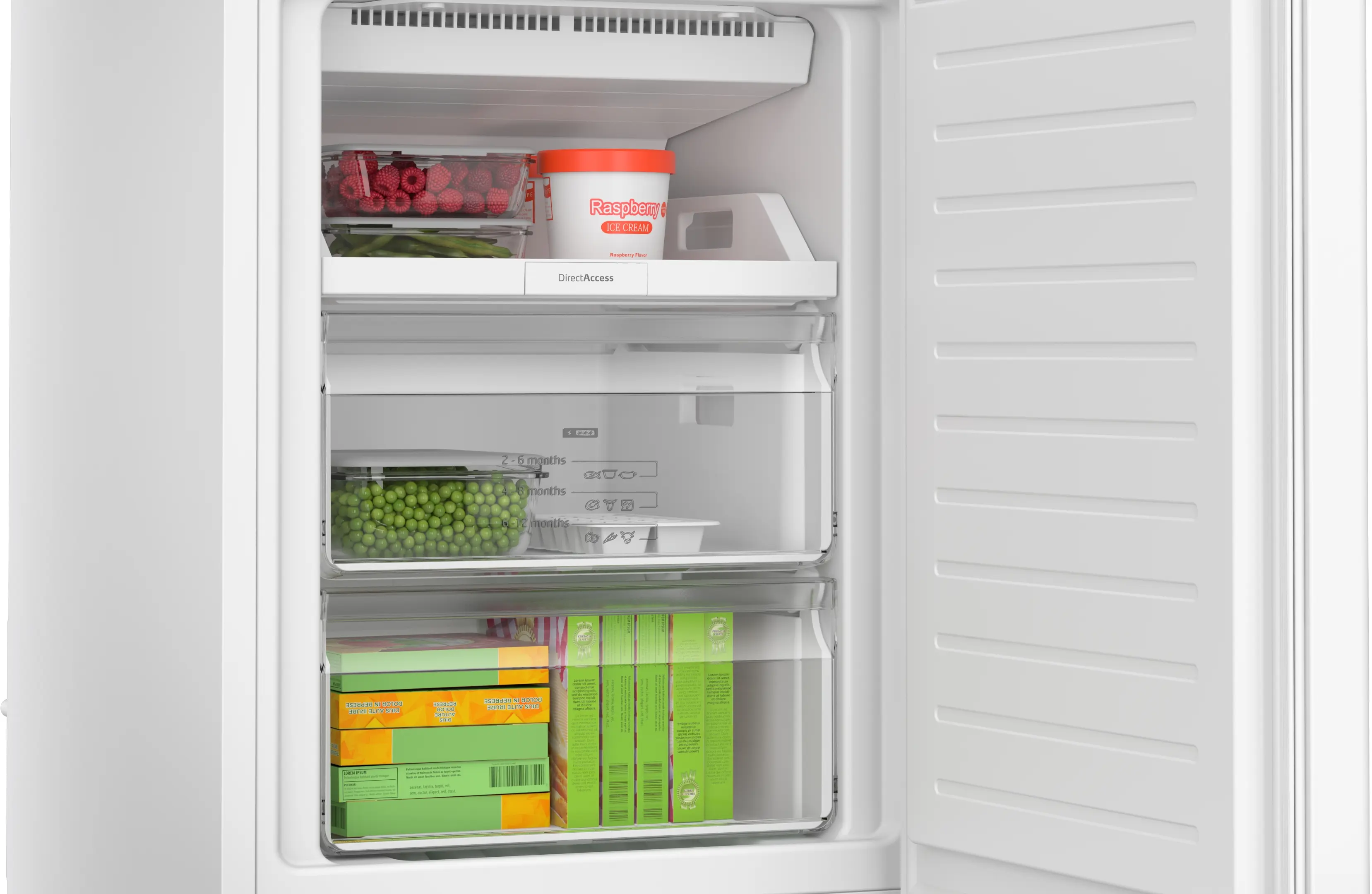 Congelador blanco abierto con cajones llenos de frambuesas, helado y verduras.