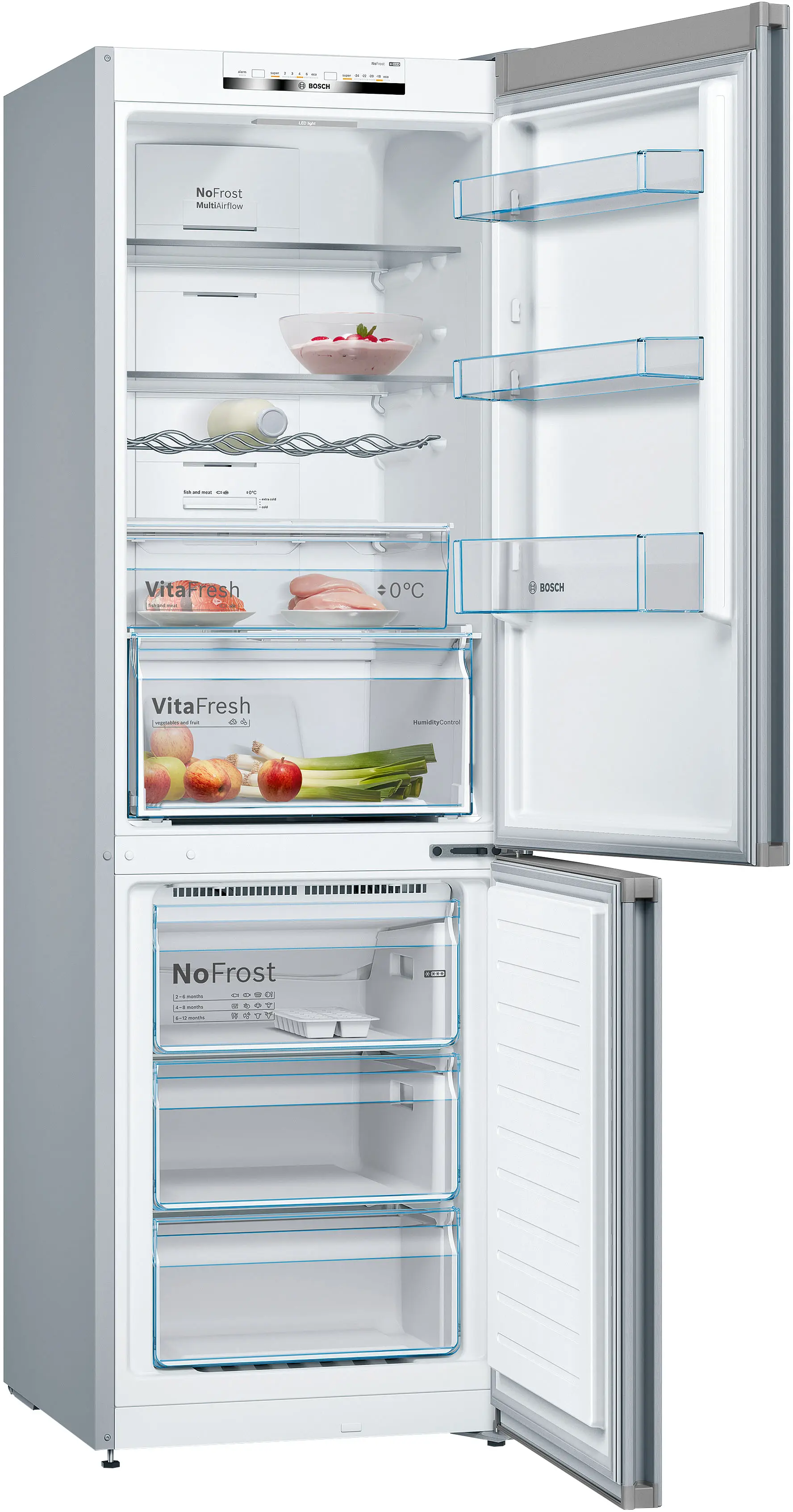 Frigorífico Bosch plateado abierto con estantes de vidrio llenos, cajones y puertas abiertas sobre fondo blanco.