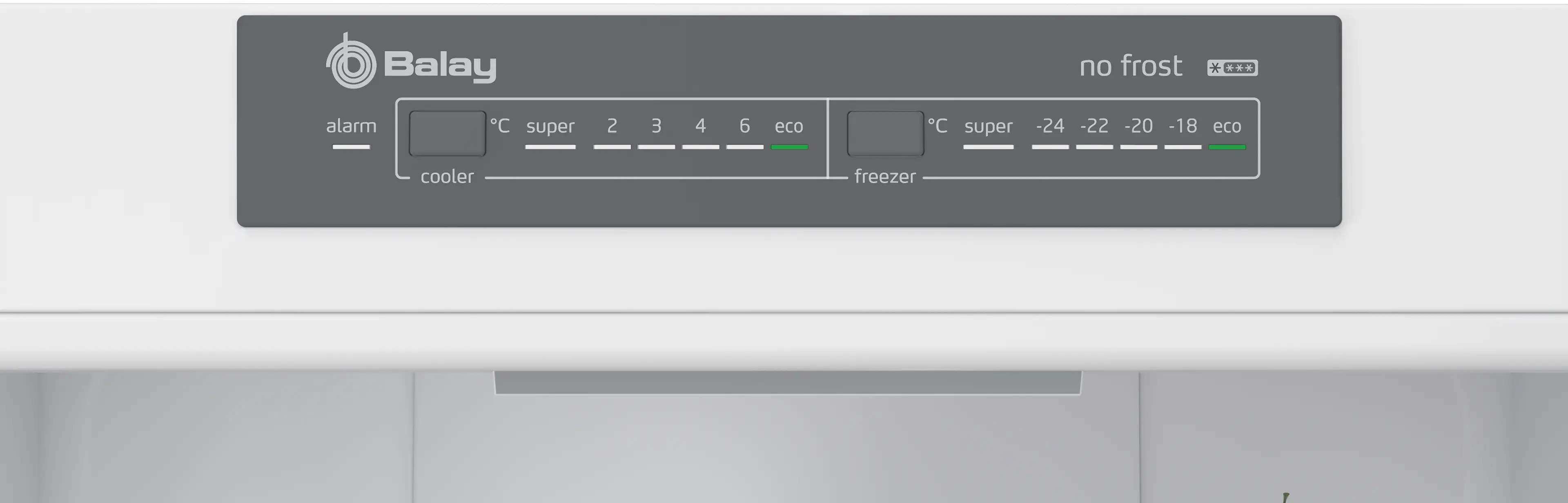 Panel de control de refrigerador Balay con pantalla digital y botones para frigorífico y congelador.