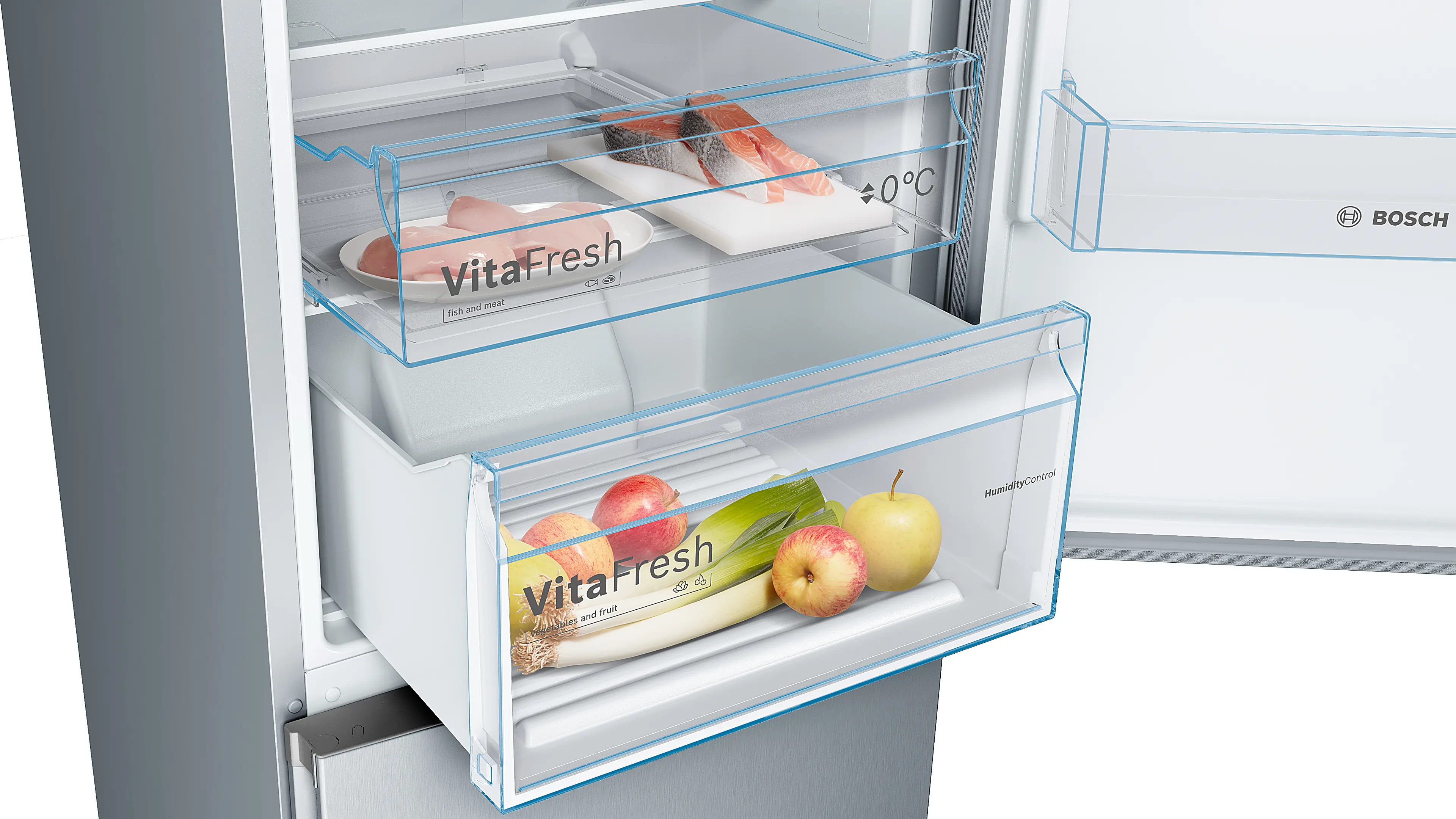 Frigorífico Bosch abierto con cajones VitaFresh con carne, pescado, frutas y verduras frescas.