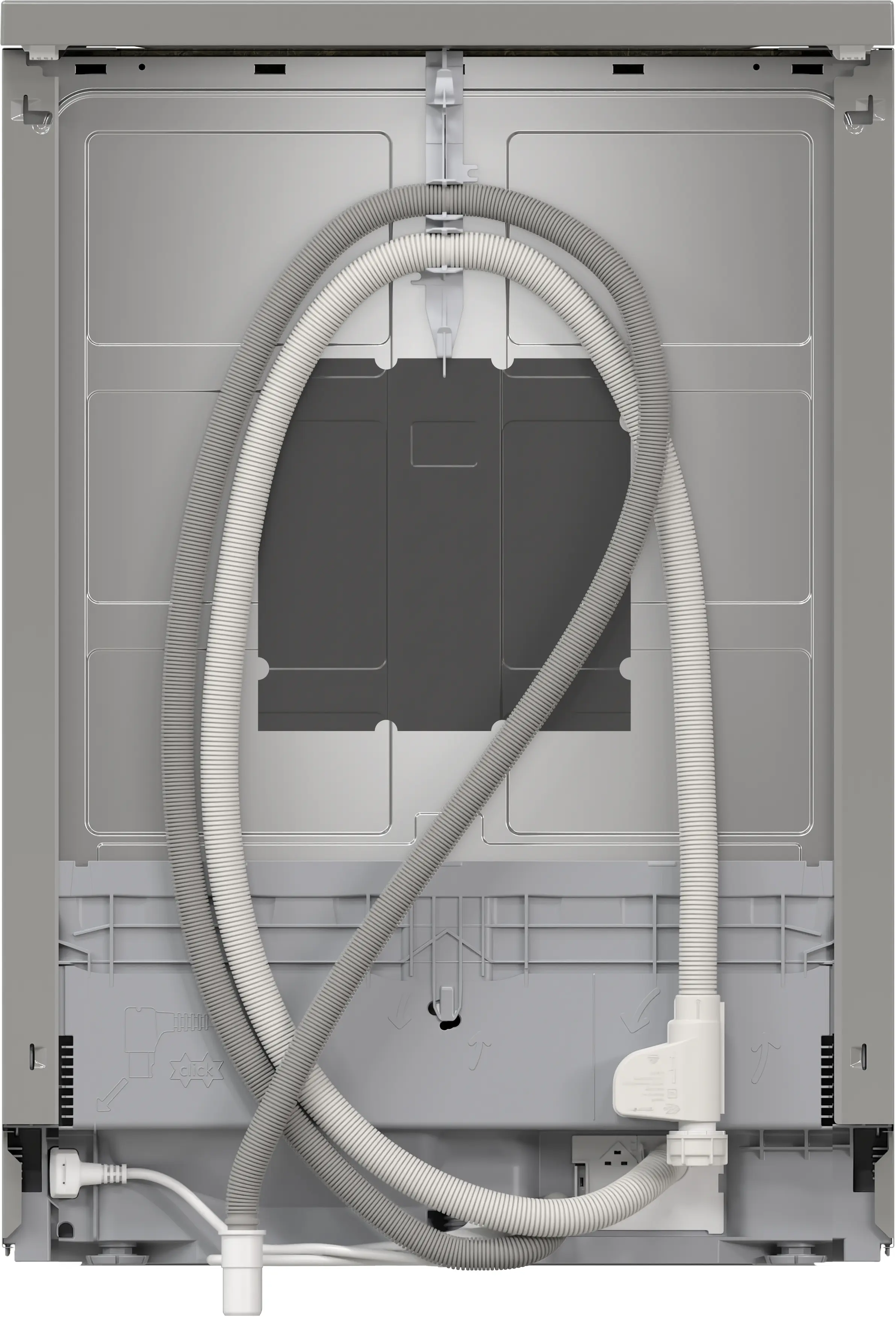 Parte trasera de un lavavajillas con carcasa gris, mangueras de agua y cable de alimentación.