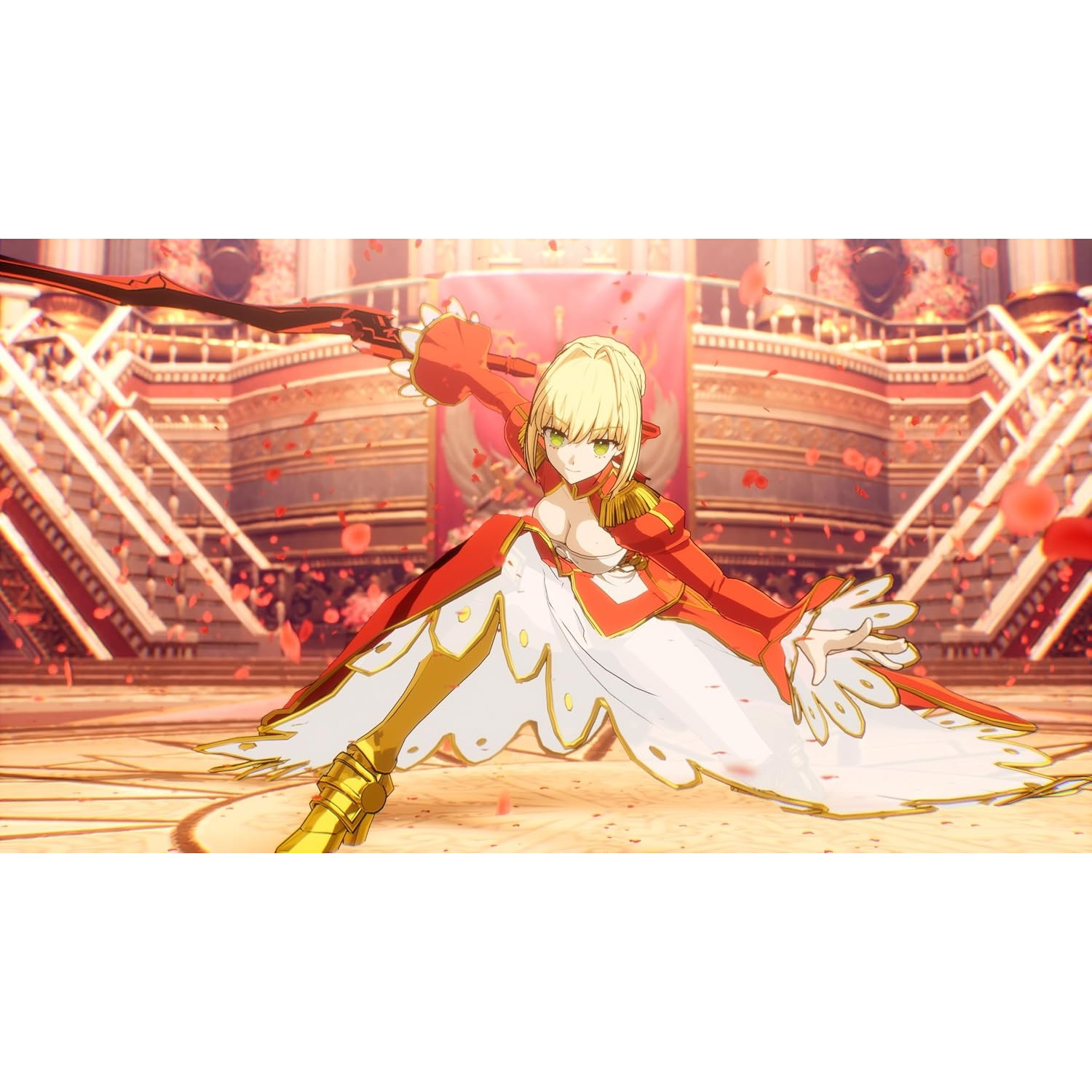 Guerrière anime en robe rouge et blanche avec une épée rouge en position de combat, entourée de pétales de rose.