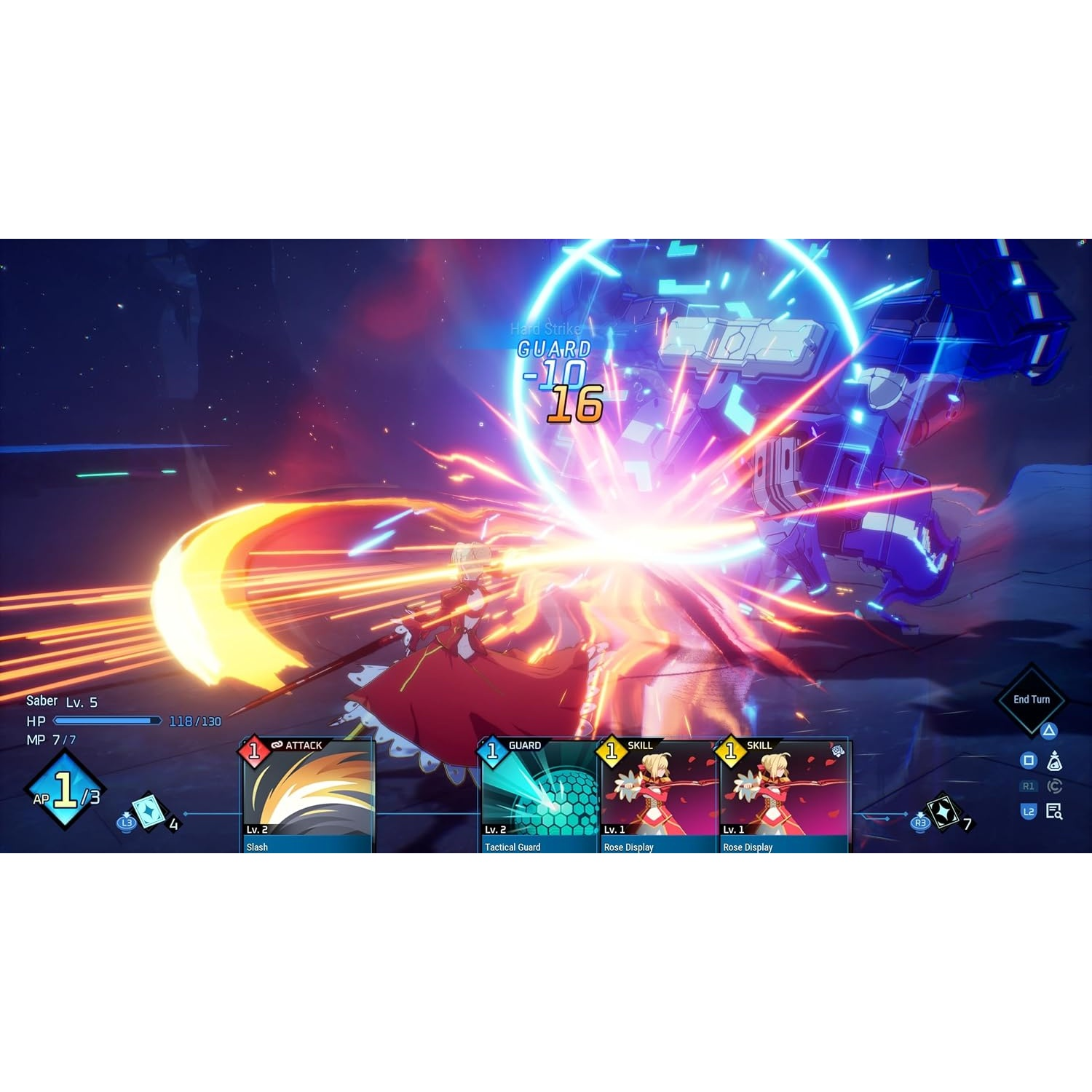 Un combattant d'anime en robe rouge lance une attaque enflammée contre un robot, avec des éléments d'interface.