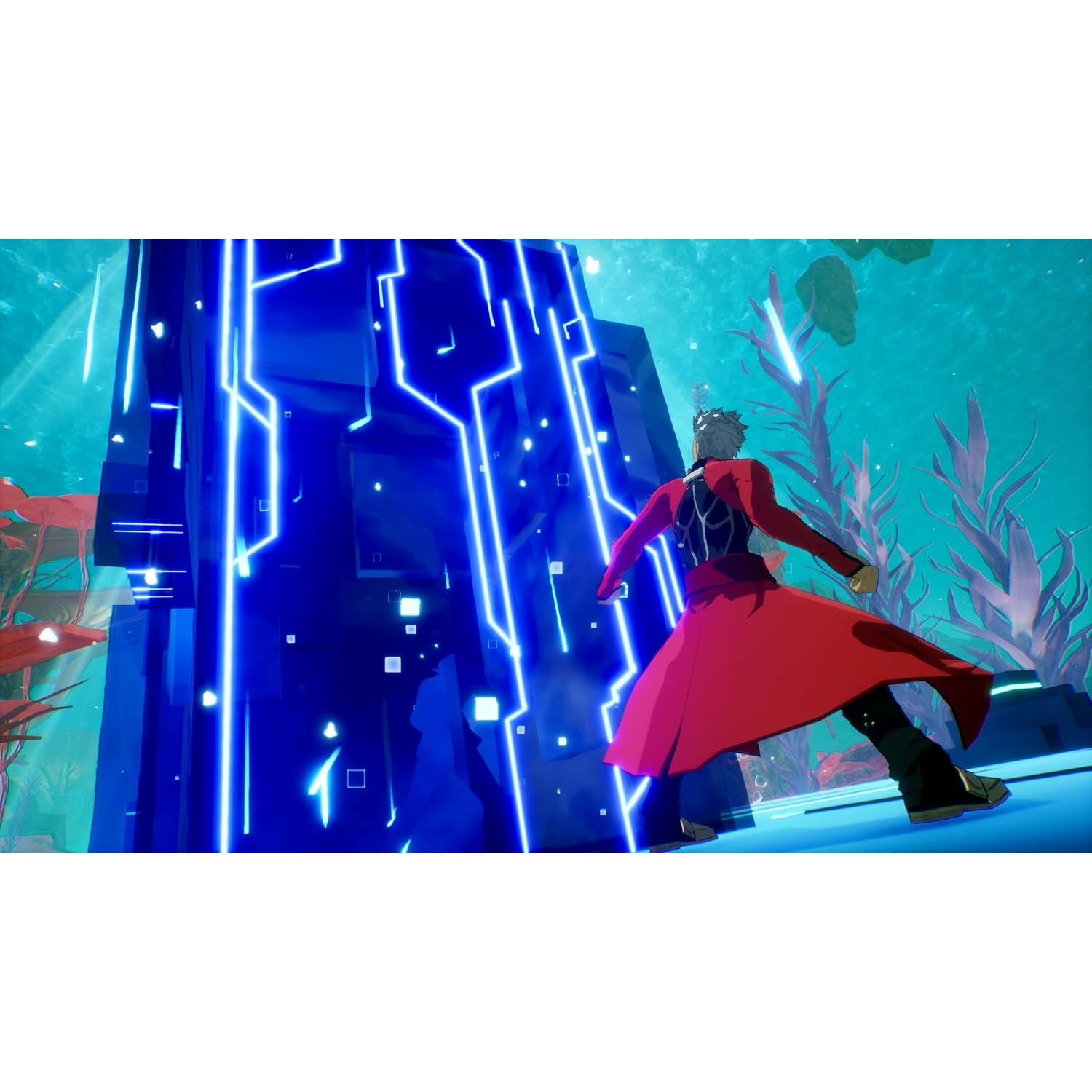 Un personnage en manteau rouge se tient devant un monolithe futuriste bleu.