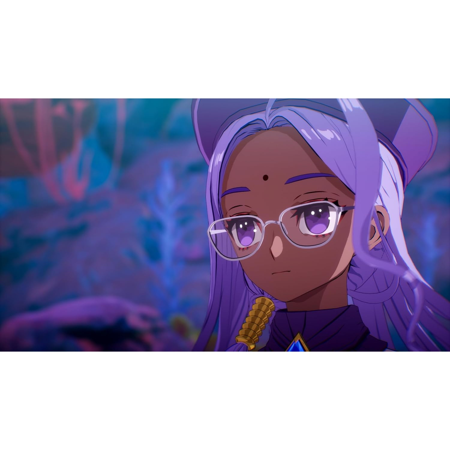 Fille animée à la peau foncée, aux cheveux violets et aux lunettes sur fond bleu.