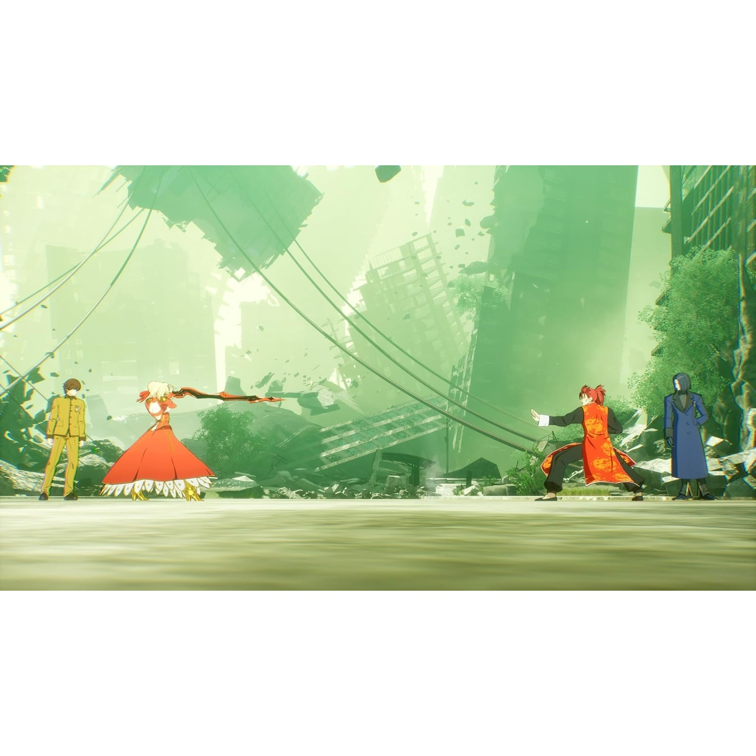 Quatre personnages d'anime se font face dans un paysage urbain détruit et vert.