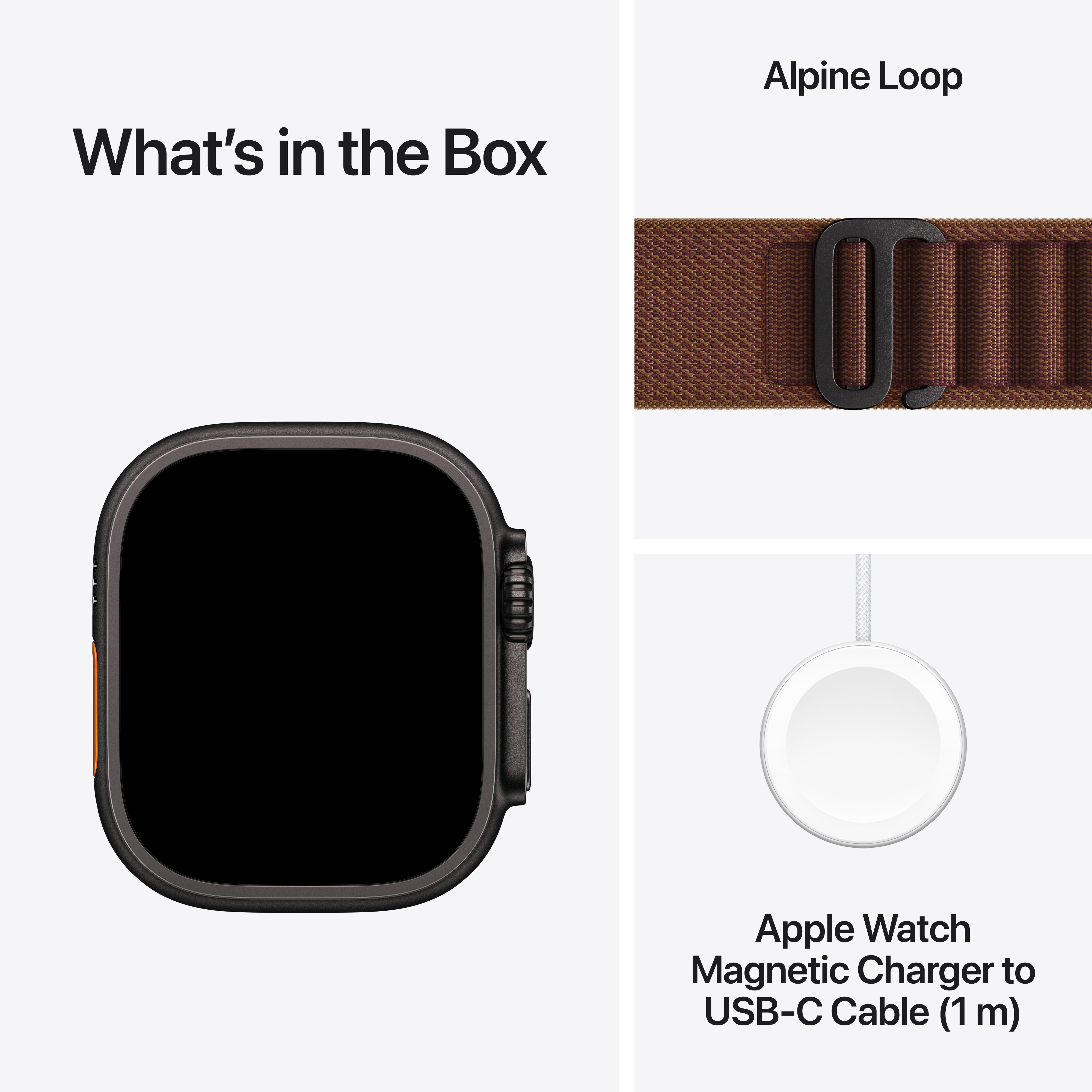 A doboz tartalma: Apple Watch ház, barna Alpine Loop szíj és USB-C mágneses töltőkábel.