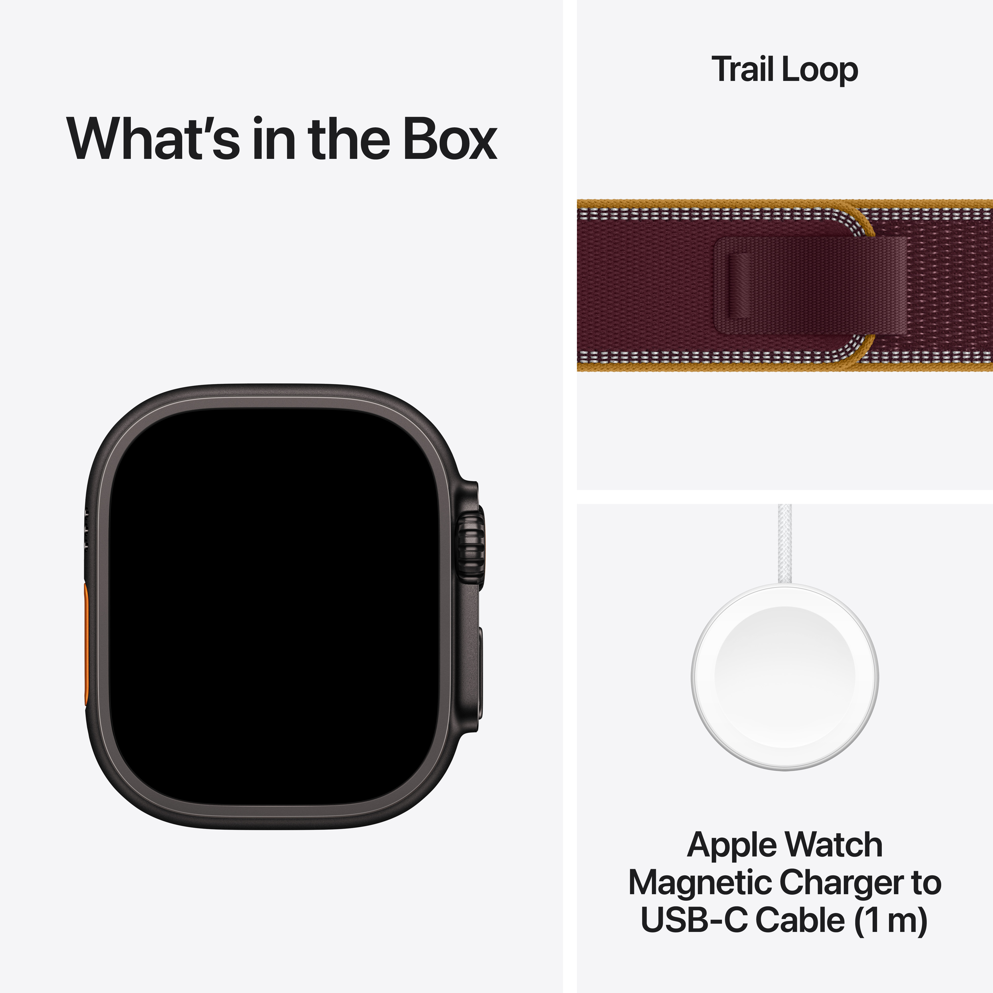 A doboz tartalma: Apple Watch, Trail Loop szíj és egy mágneses töltőkábel.