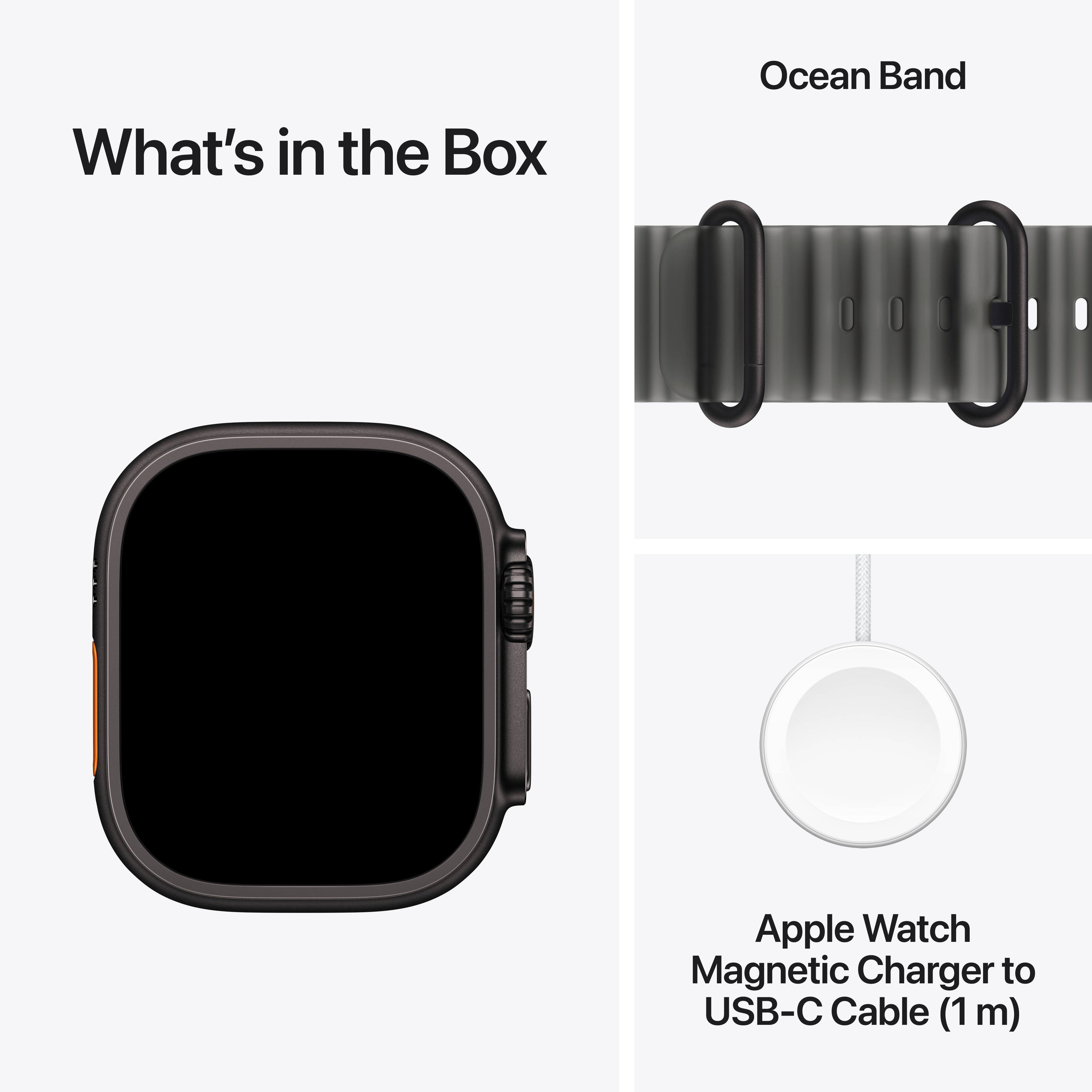 Mi van a dobozban Apple órával, Ocean szíjjal és mágneses töltővel USB-C kábelhez.