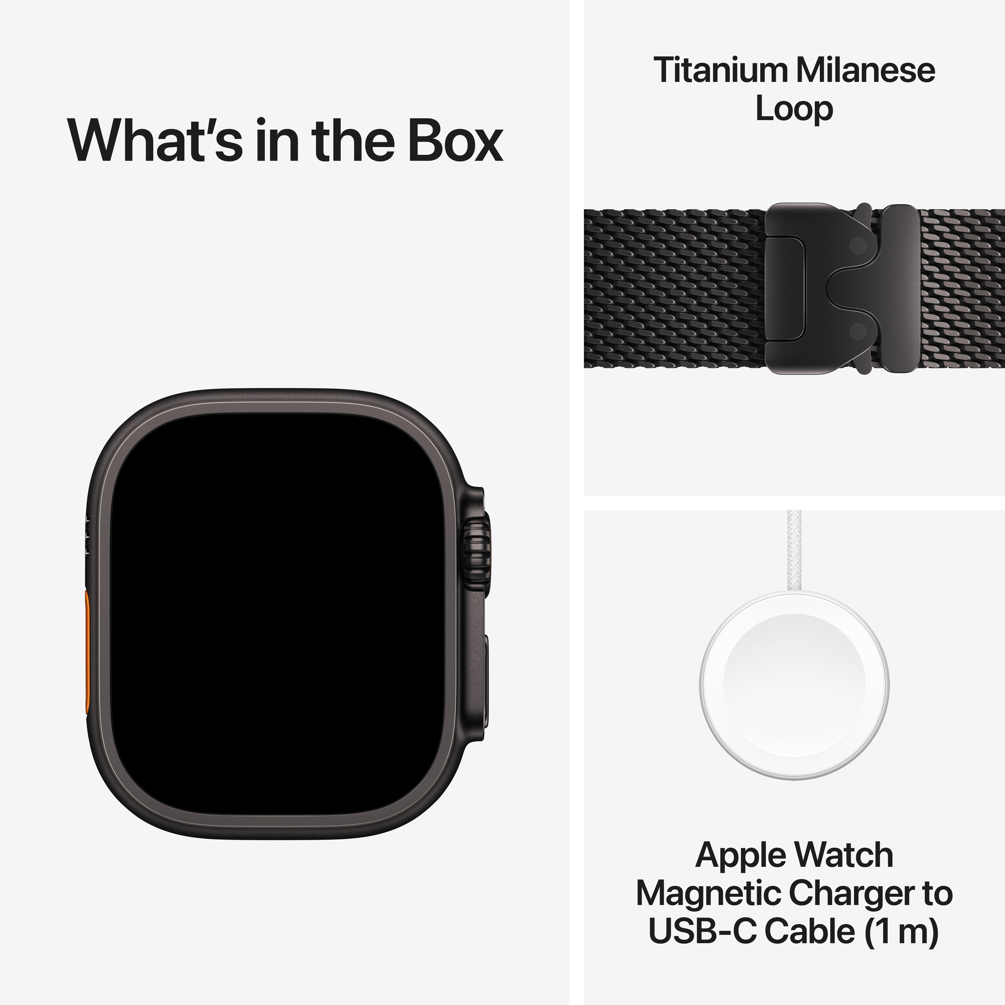 A doboza tartalma: Okosóra, Titanium Milanese Loop és mágneses töltőkábel USB-C-vel.