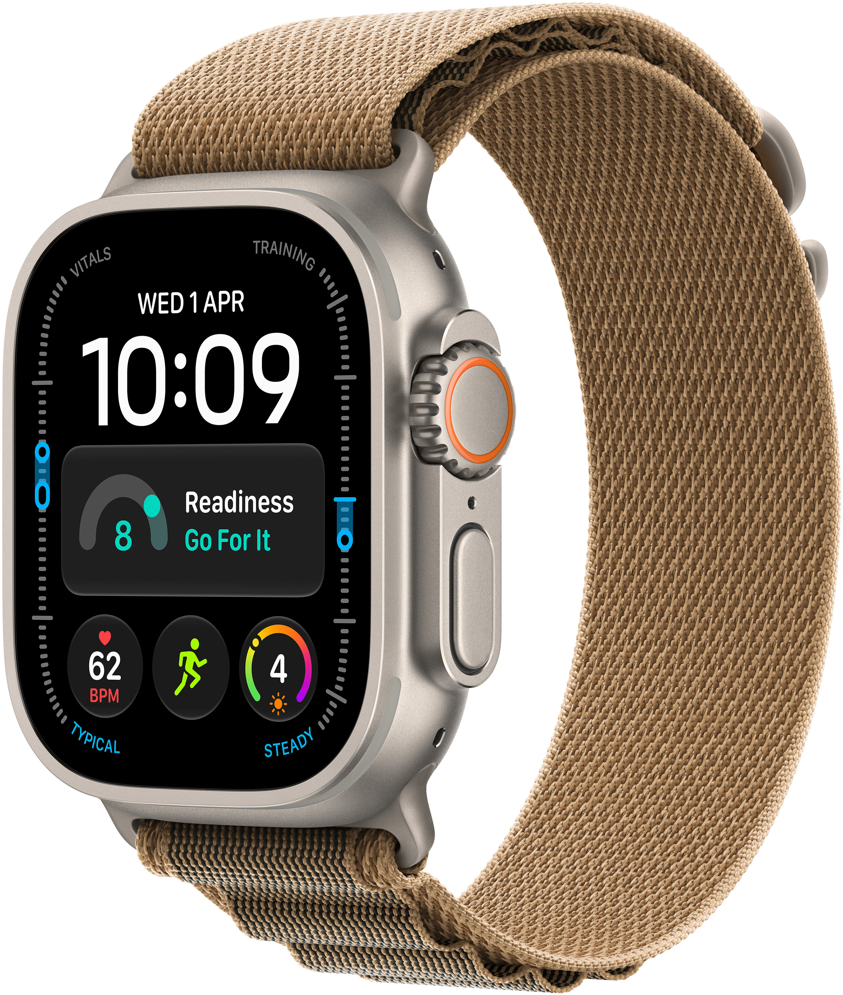 APPLE Watch Ultra 4 GPS+Cellular, 49mm-es natúr titántok, sivatagszín alpesi pánt, L (MJAG4QH/A)