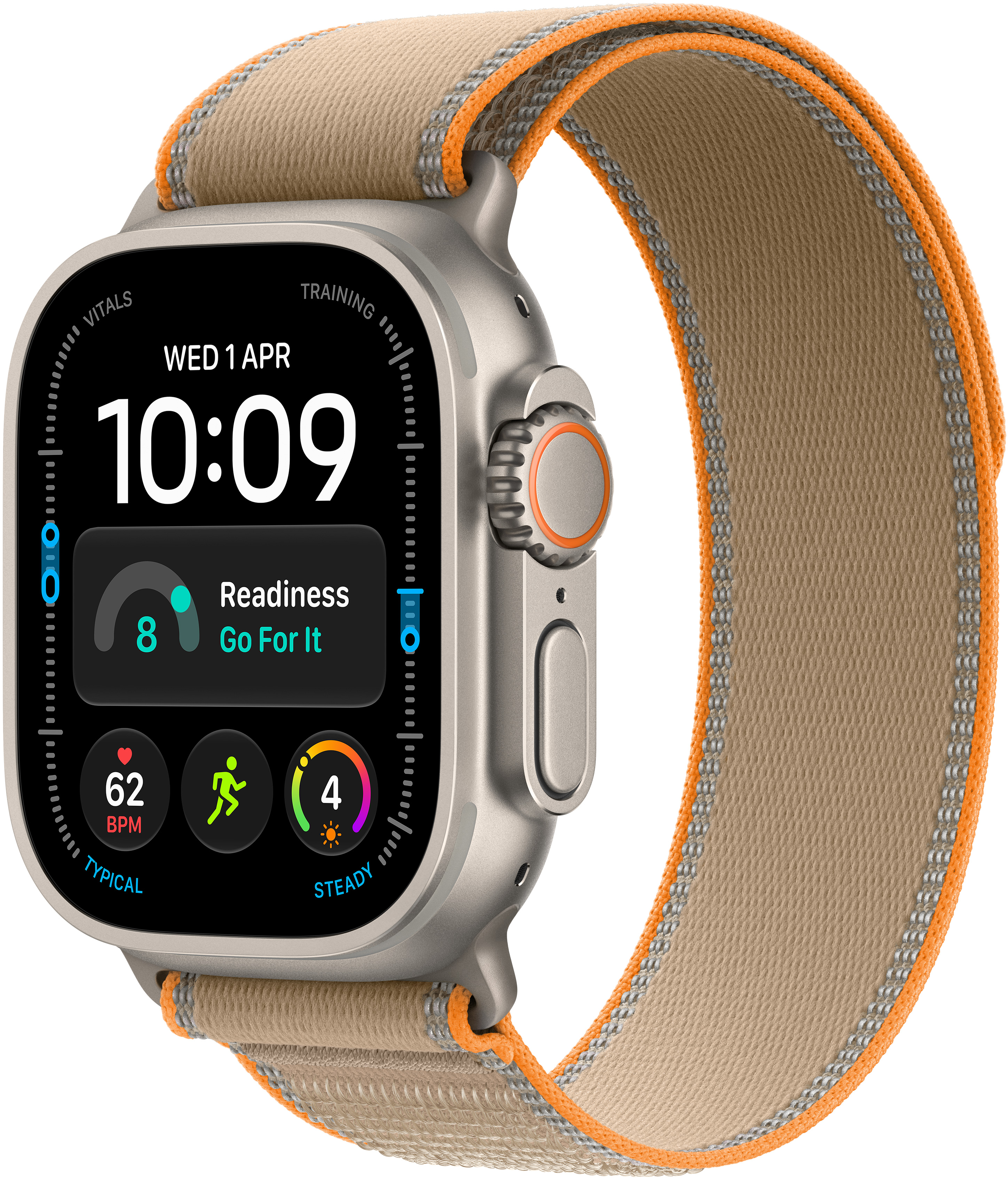 APPLE Watch Ultra 4 GPS+Cellular, 49mm-es natúr titántok, homokszín terep pánt, S-M (MJAJ4QH/A)