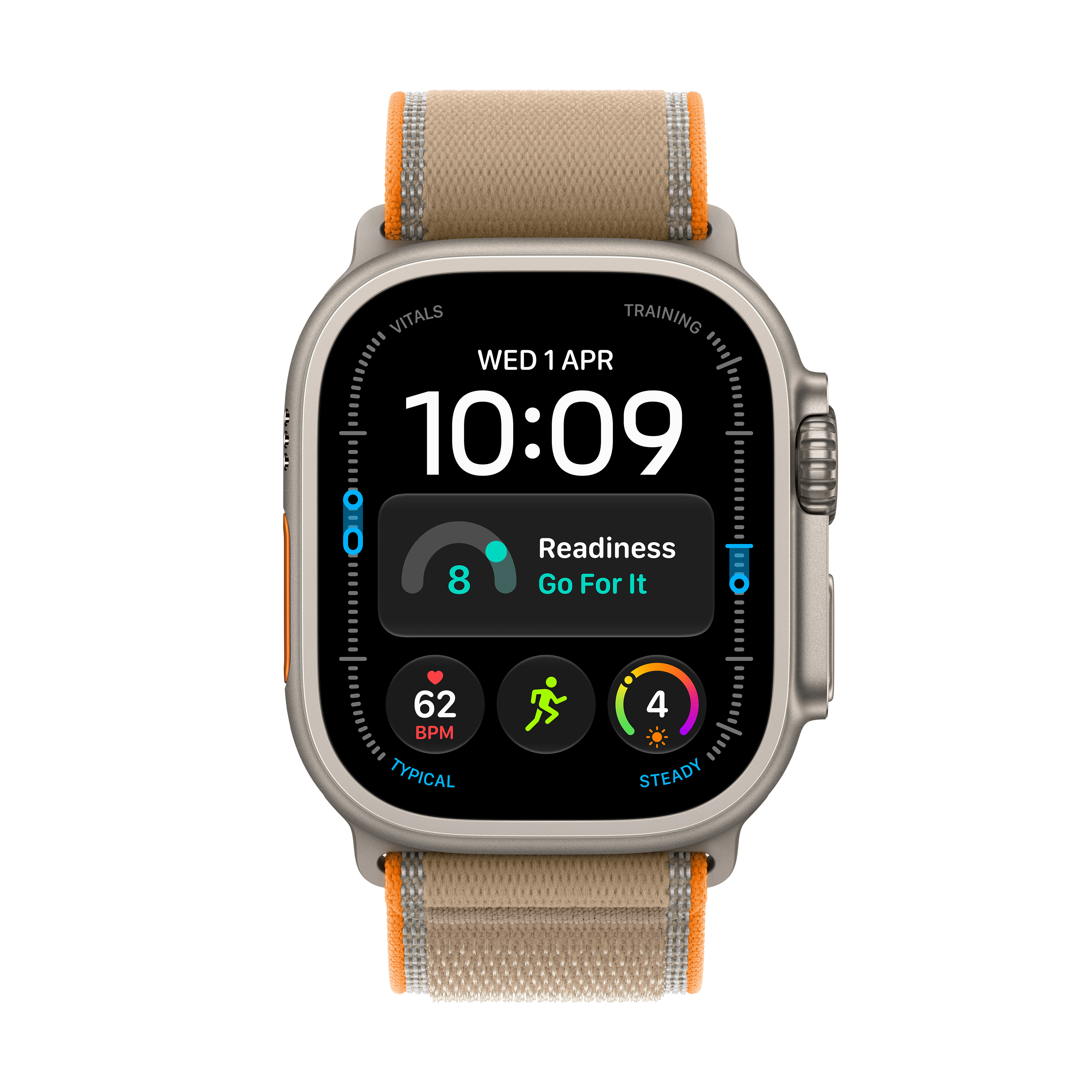 Egy bézs szíjú Apple Watch 10:09-es időt és aktivitási adatokat mutat fekete kijelzőn.