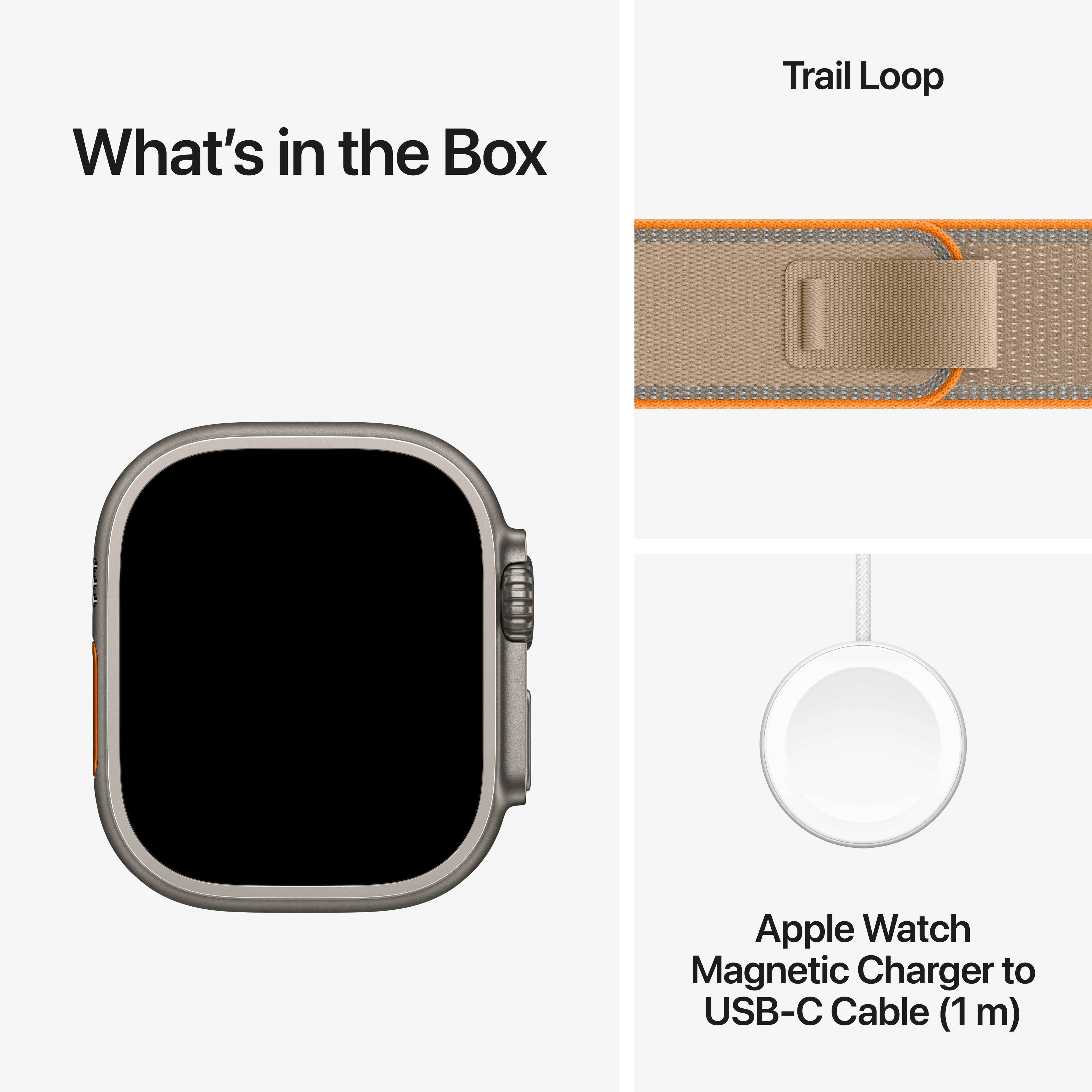 A doboz tartalma: Apple Watch, Trail Loop szíj és USB-C töltőkábel.