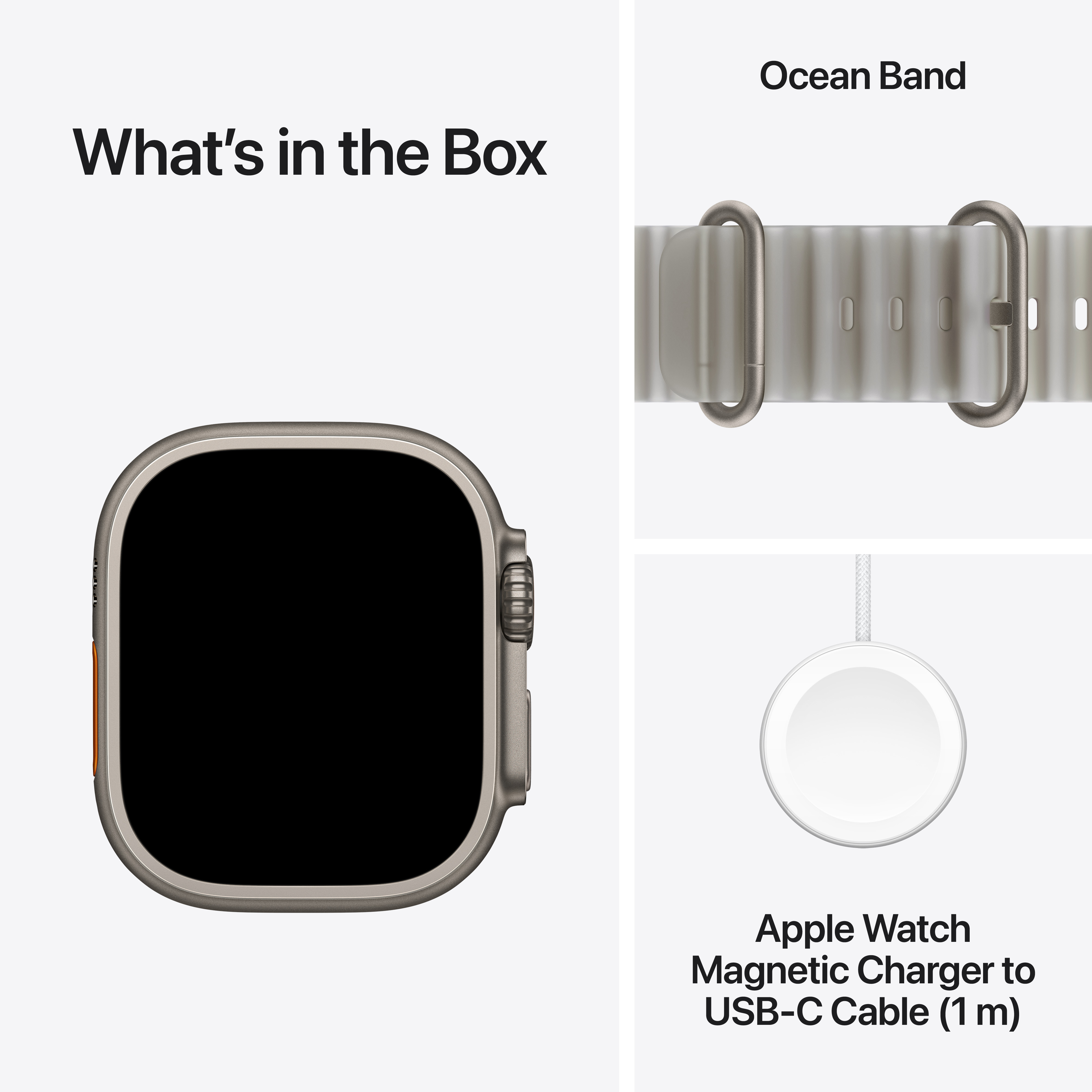 A doboz tartalma: Apple Watch, Ocean szíj és mágneses USB-C töltőkábel.