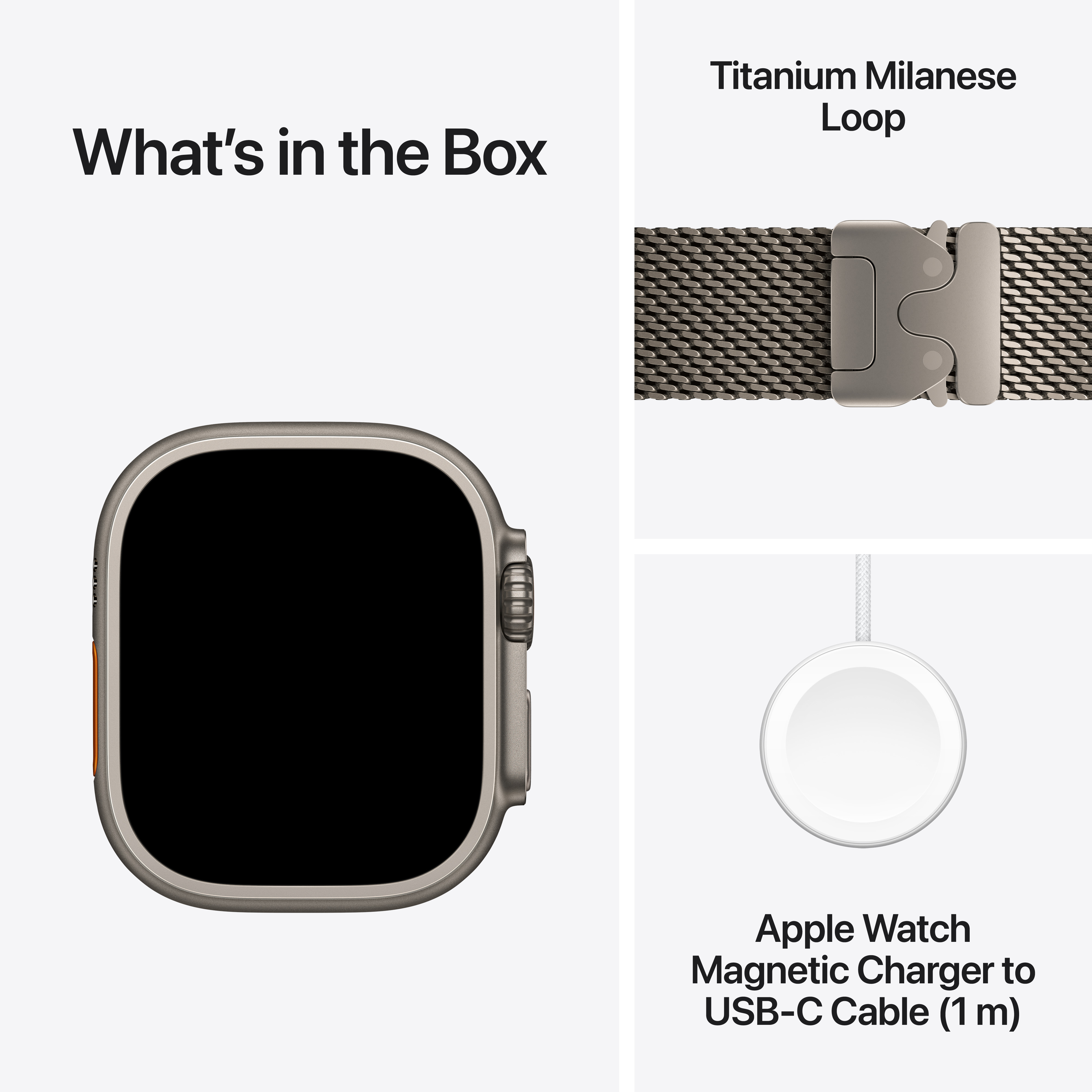 A doboz tartalma: Apple Watch, titán Milánói szíj és mágneses töltő USB-C kábellel.
