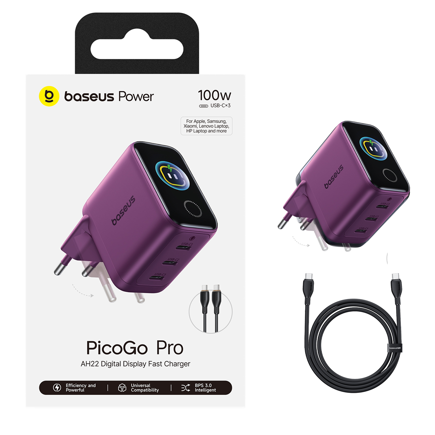 Cargador rápido USB-C morado Baseus PicoGo Pro 100W en caja con cable USB.