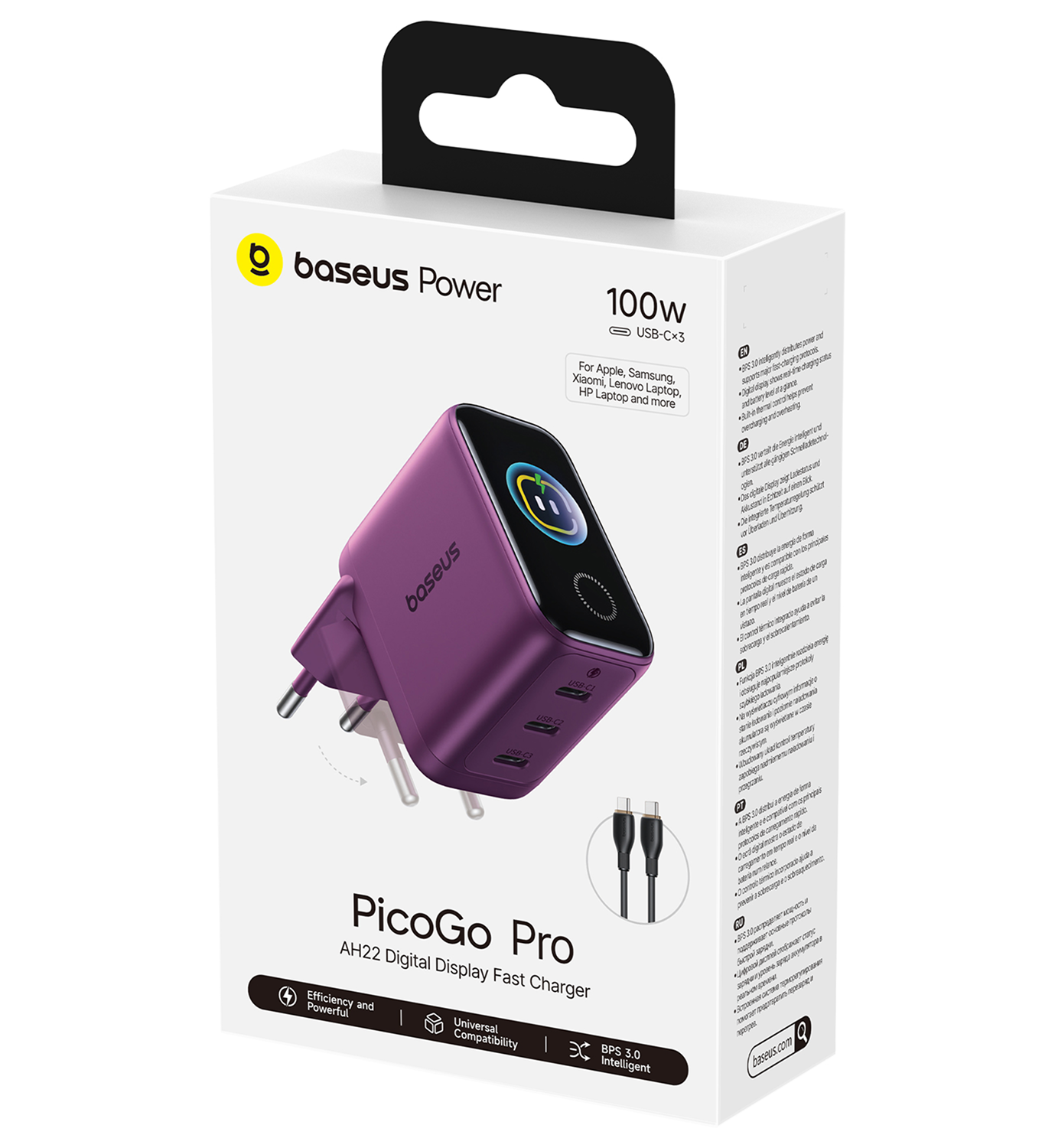 Cargador rápido digital Baseus PicoGo Pro de 100W de color púrpura en su caja con tres puertos USB-C.
