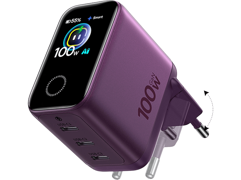Cargador de pared - Baseus PicoGo AH22, 100W, USB-C, Carga ultrarrápida simultánea, Triple puerto, Pantalla inteligente, Con cable 1m, Dark Cherry