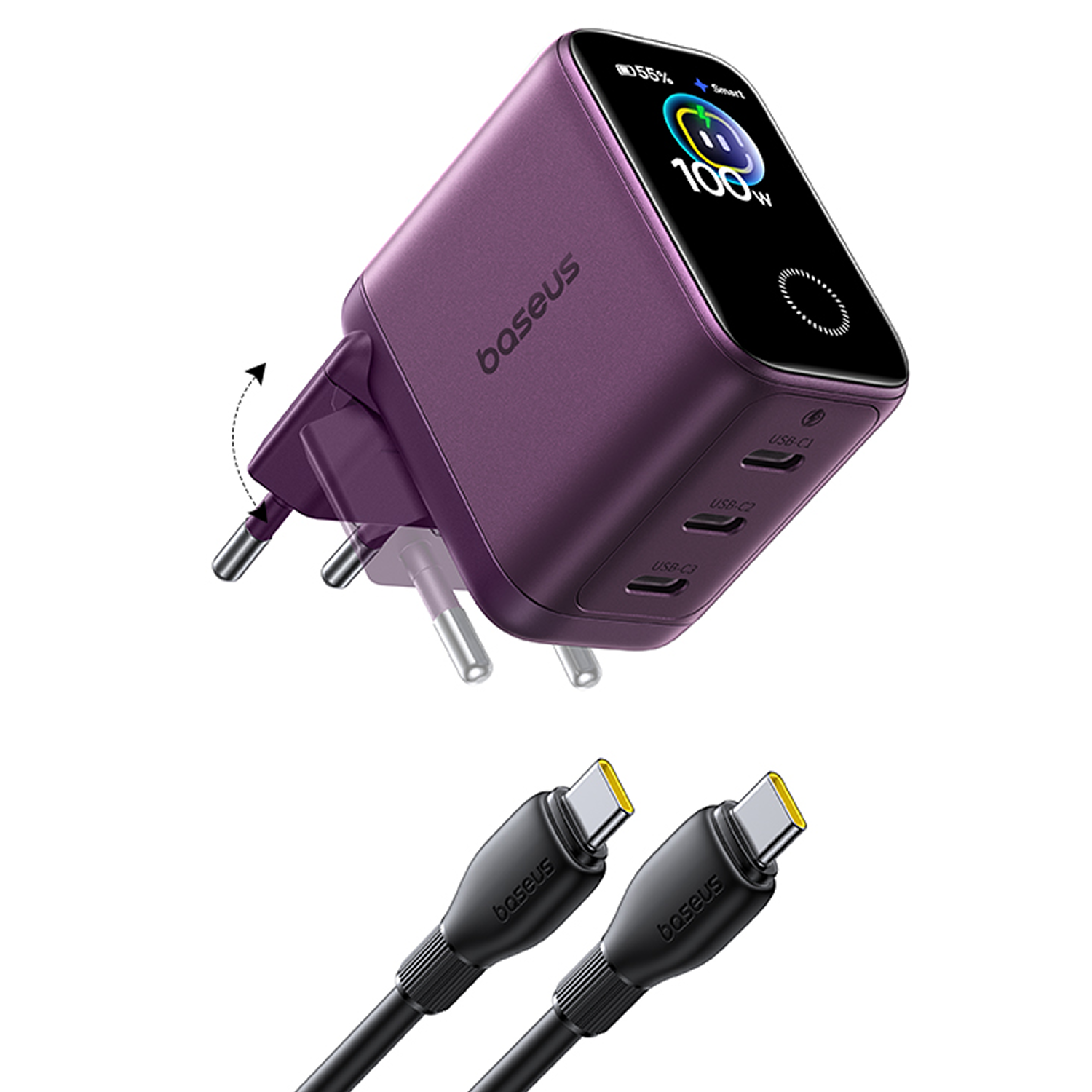 Cargador de pared USB-C Baseus 100W morado con pantalla digital y dos cables.