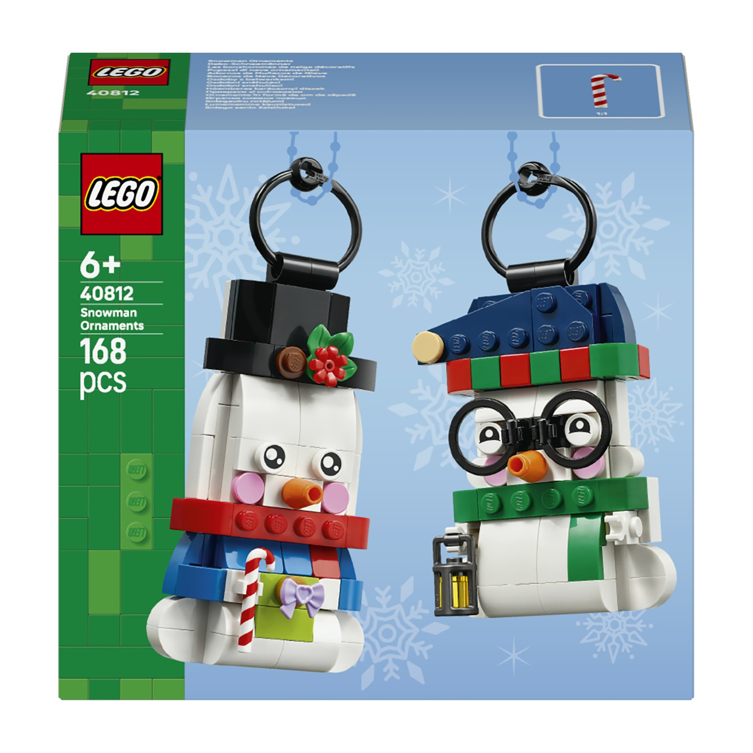 Scatola del set Ornamenti di pupazzi di neve LEGO 40812 con due pupazzi di neve con anelli.