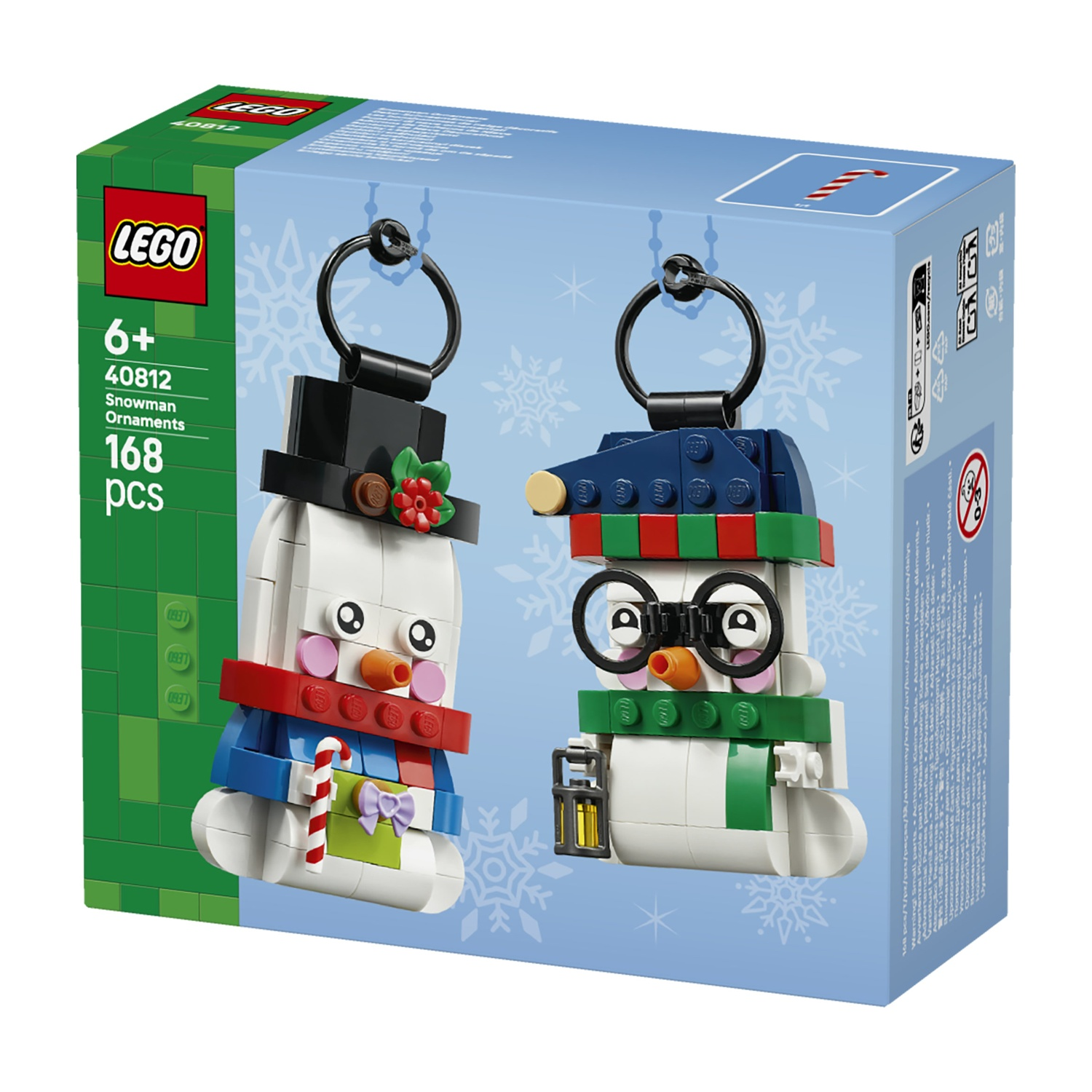 Scatola Lego Snowman Ornaments 40812 con due pupazzi di neve.
