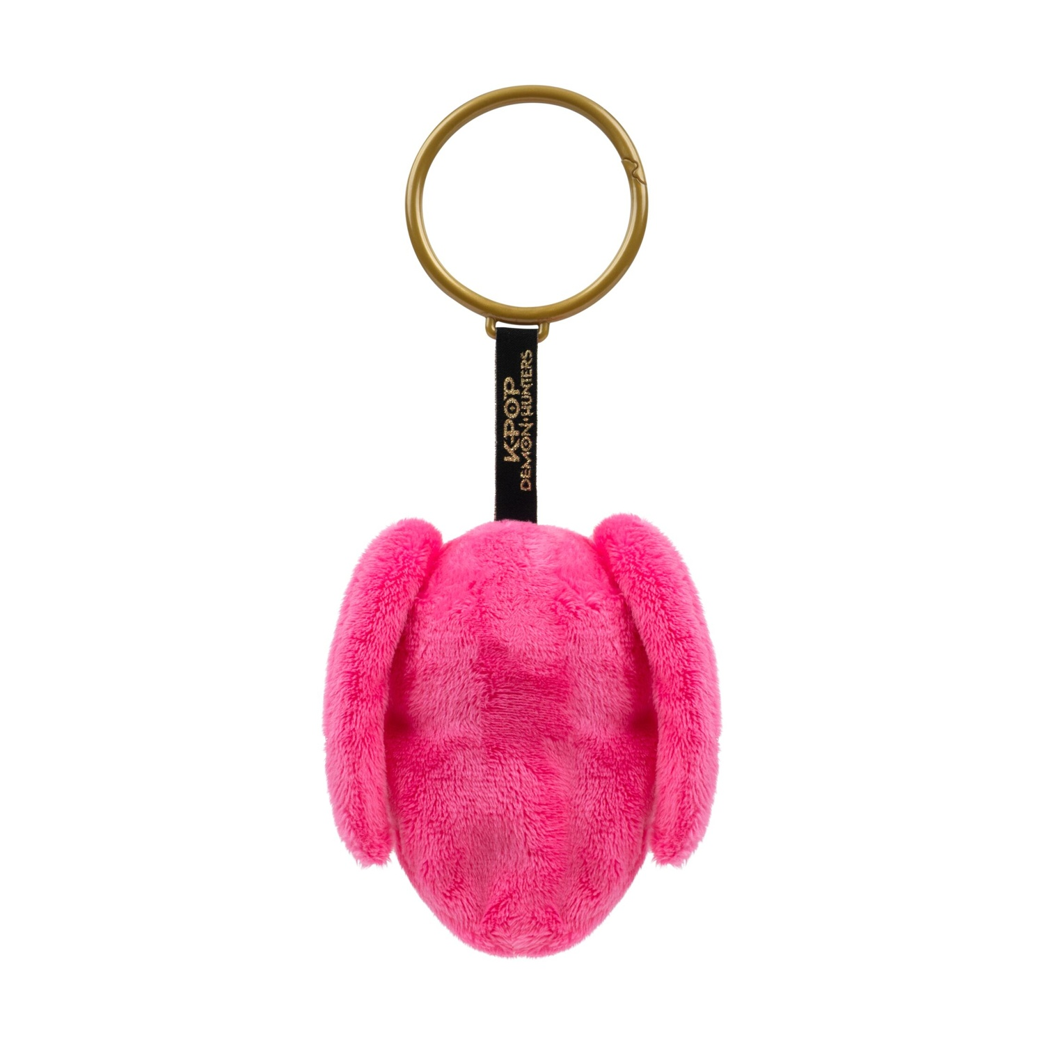 Un portachiavi in peluche rosa con anello dorato e cinturino nero con scritta.
