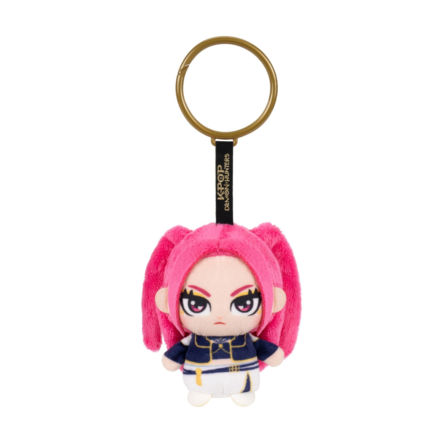 Portachiavi in peluche con un personaggio dai capelli rosa e abito blu e bianco.