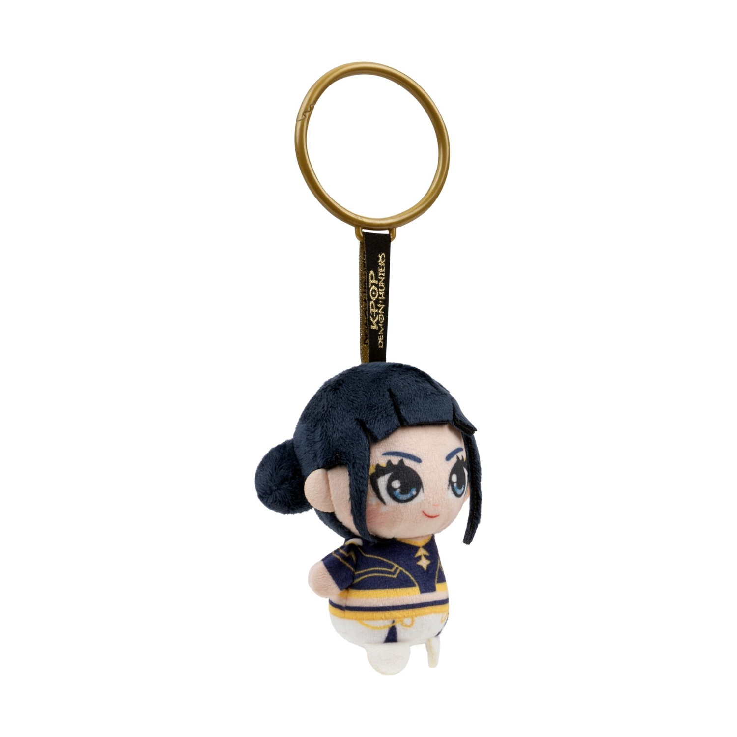 Portachiavi in peluche di personaggio anime con capelli blu e vestito giallo e blu.