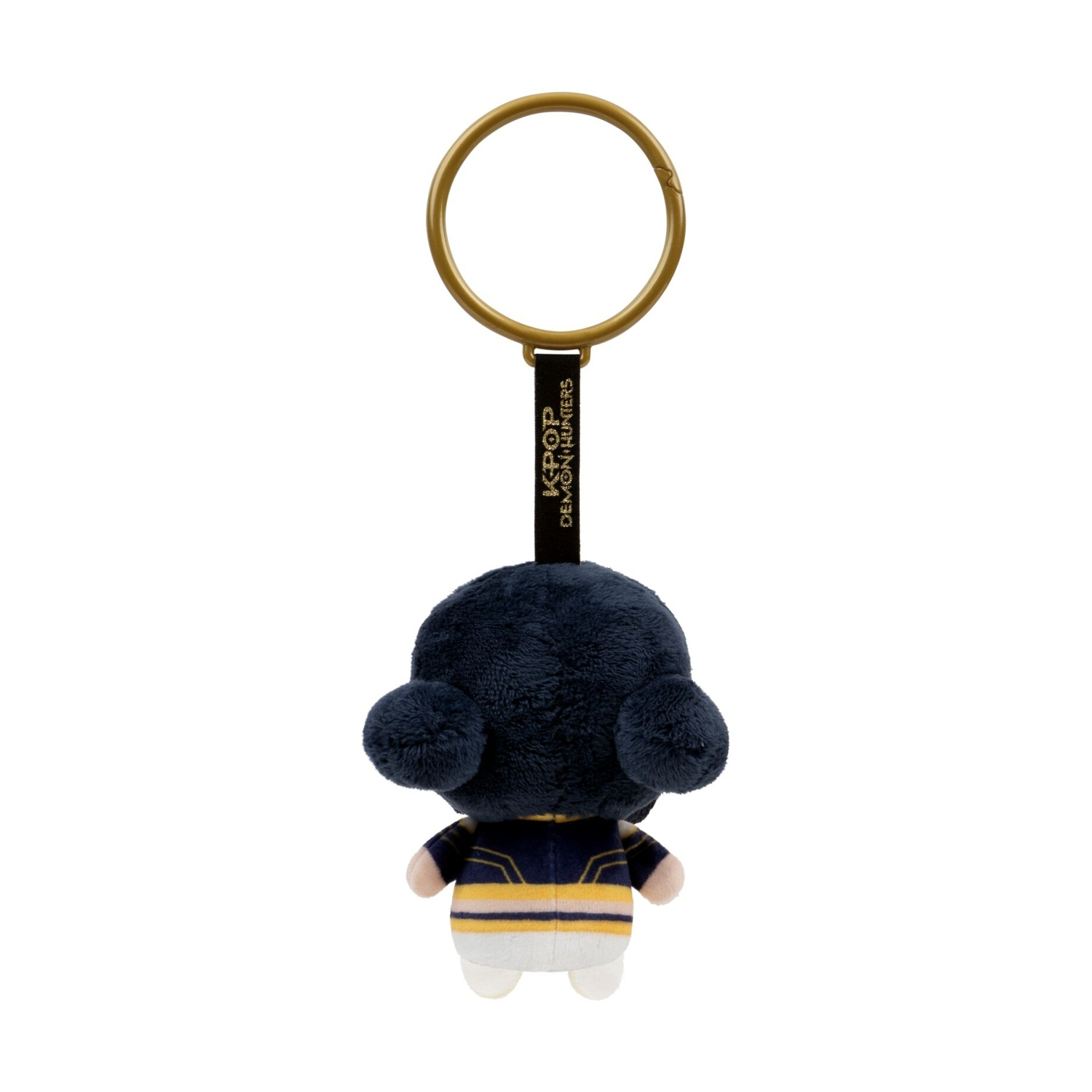 Vista posteriore di un piccolo portachiavi di peluche con capelli blu in due chignon, un cinturino nero e un anello dorato.