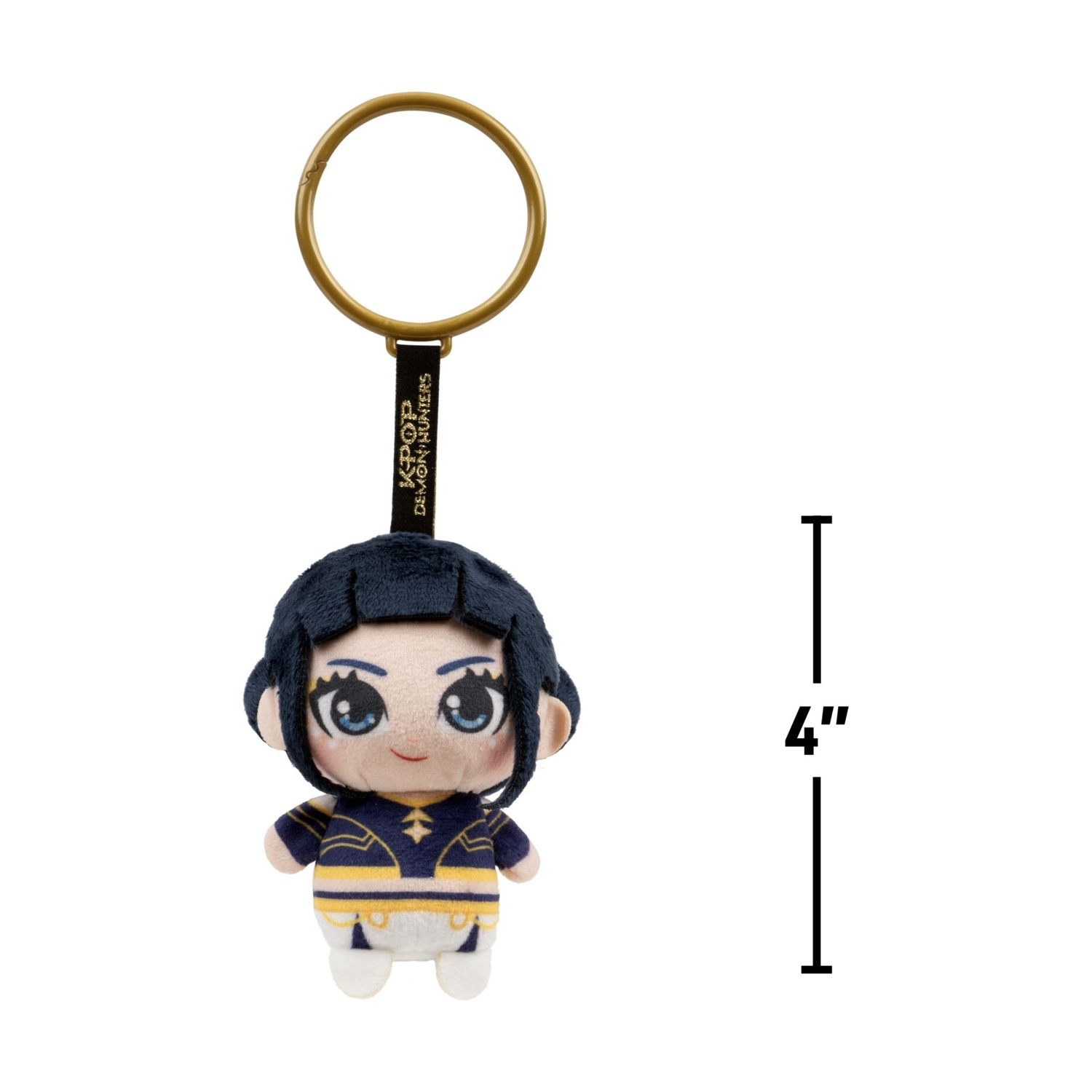 Un portachiavi in peluche di un personaggio anime da 4 pollici con capelli blu scuro e un vestito blu e giallo.