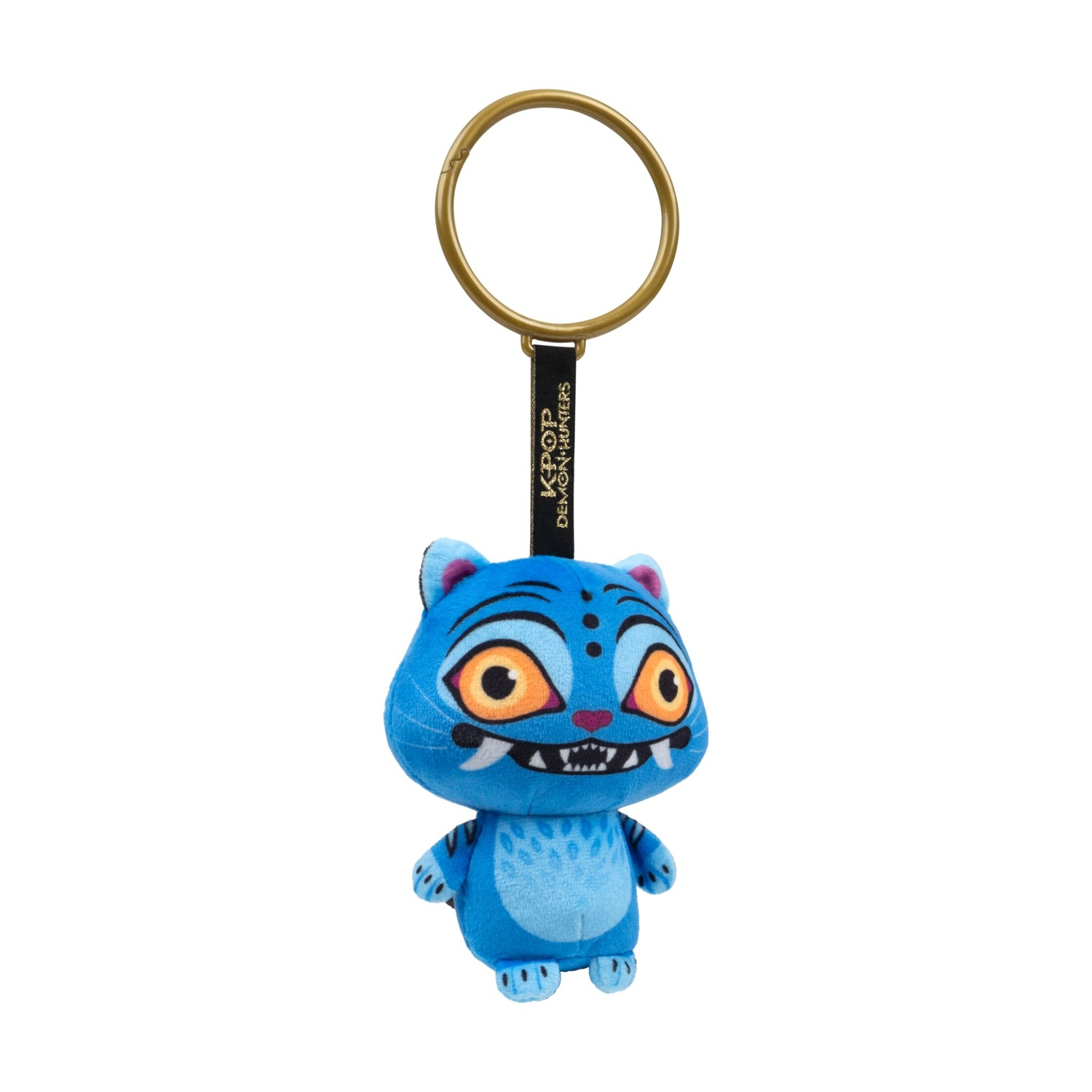 Portachiavi in peluche a forma di tigre blu con grandi occhi arancioni e zanne, attaccato a un anello dorato.