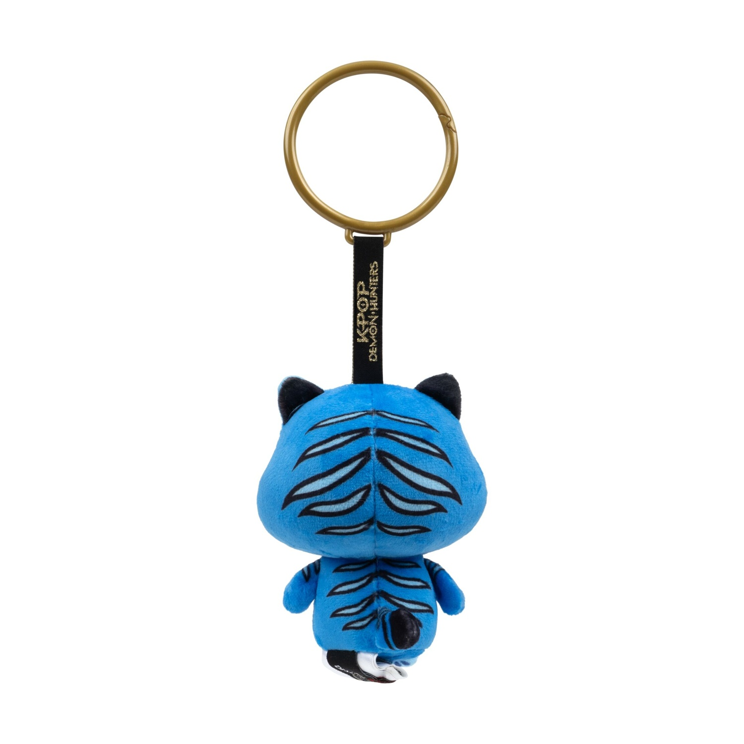 Un portachiavi a forma di tigre di peluche blu visto da dietro, con strisce nere, anello e cinturino neri.