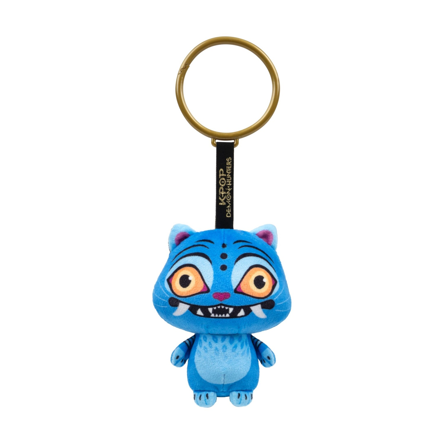 Portachiavi in peluche blu con anello dorato, raffigurante un simpatico mostro con grandi occhi e zanne aguzze.